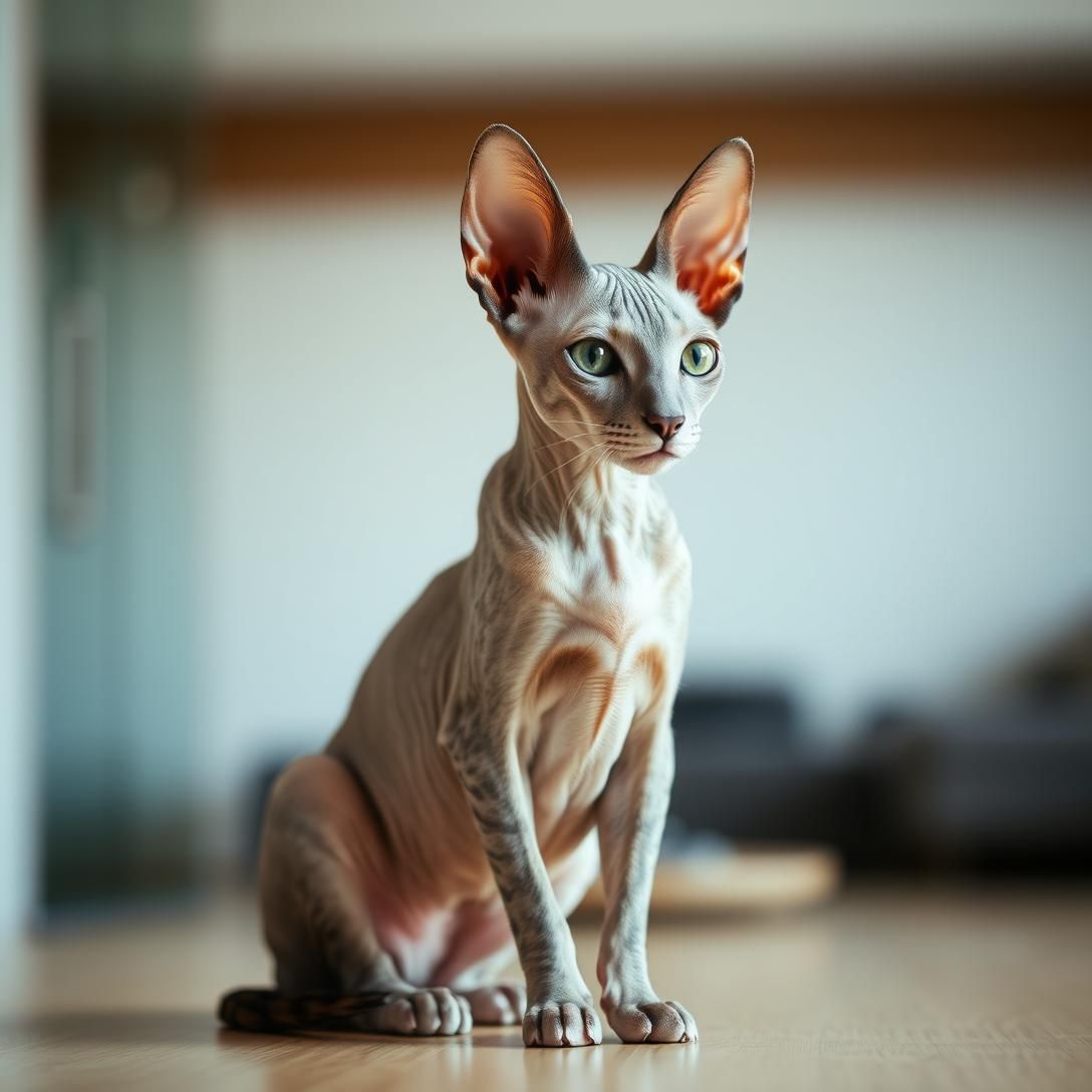 Cornish Rex cat with slender build and wavy coat, sitting in elegant pose, large ears, unique appearance, modern interior, soft lighting, sophisticated portrait, high detail