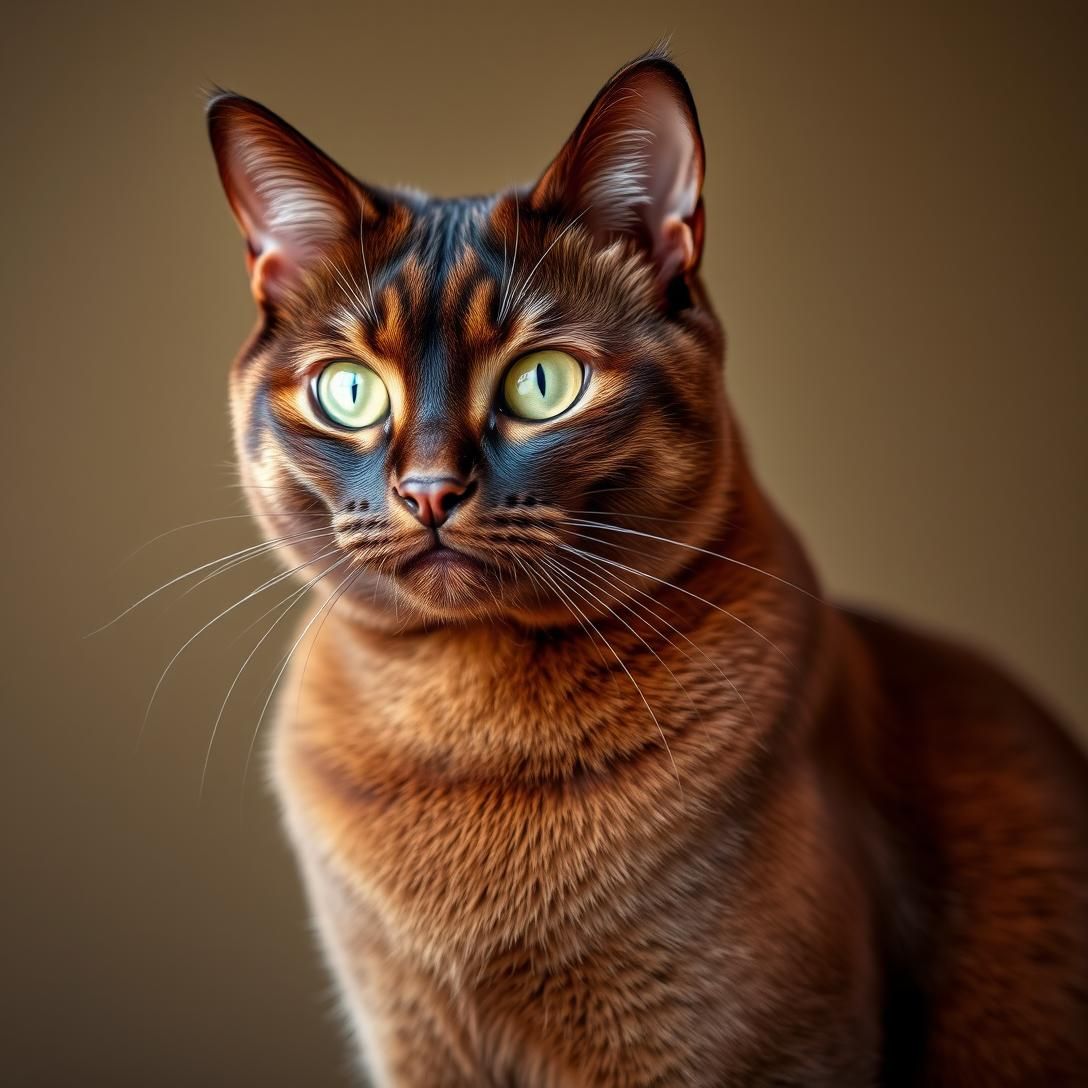 Havana Brown cat with rich chocolate brown coat and green eyes, elegant sitting pose, smooth short fur, warm lighting, sophisticated portrait, photorealistic quality