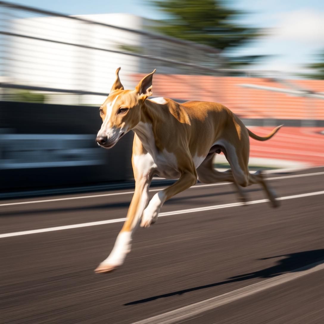 Whippet racing at full speed, sleek aerodynamic form, motion blur showing speed, outdoor track setting, dramatic action photography, elegant athlete, professional quality