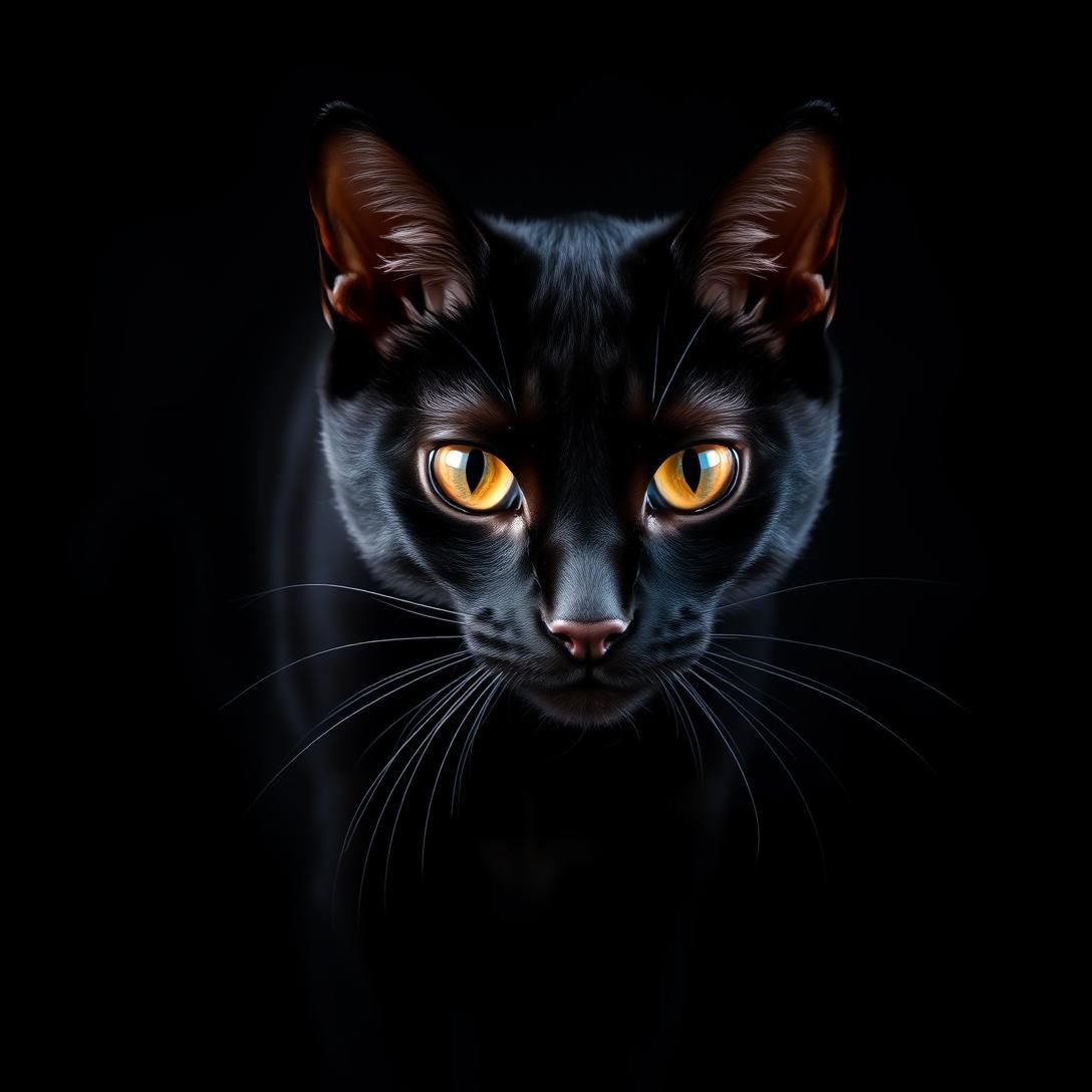 Bombay cat solid black with copper eyes, sleek panther-like appearance, prowling pose, dramatic dark background, mysterious lighting, professional photography, high contrast