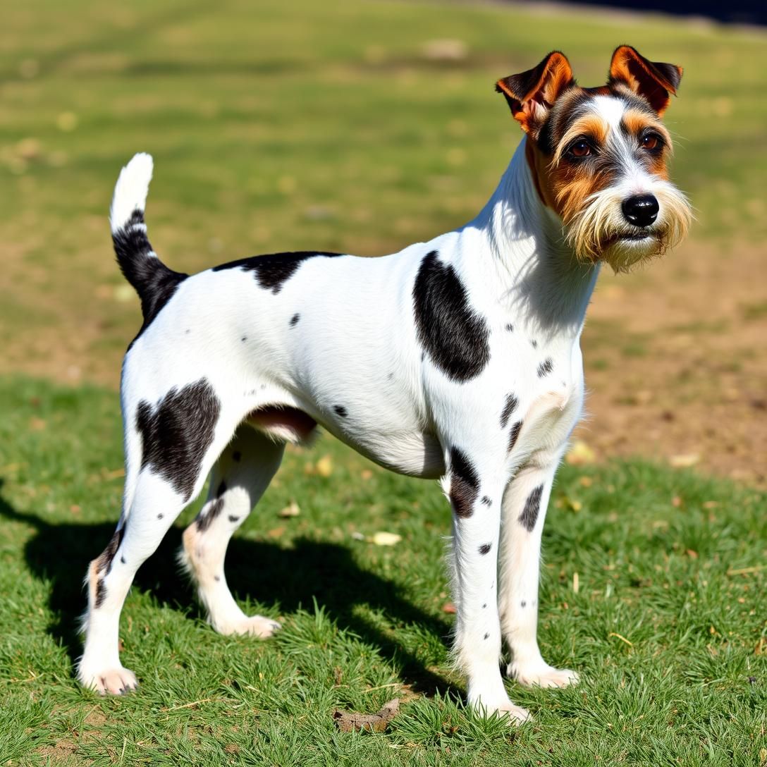 Wire Fox Terrier with characteristic wiry coat texture, alert expression, standing pose showing distinctive markings, outdoor setting, natural lighting, professional show dog quality