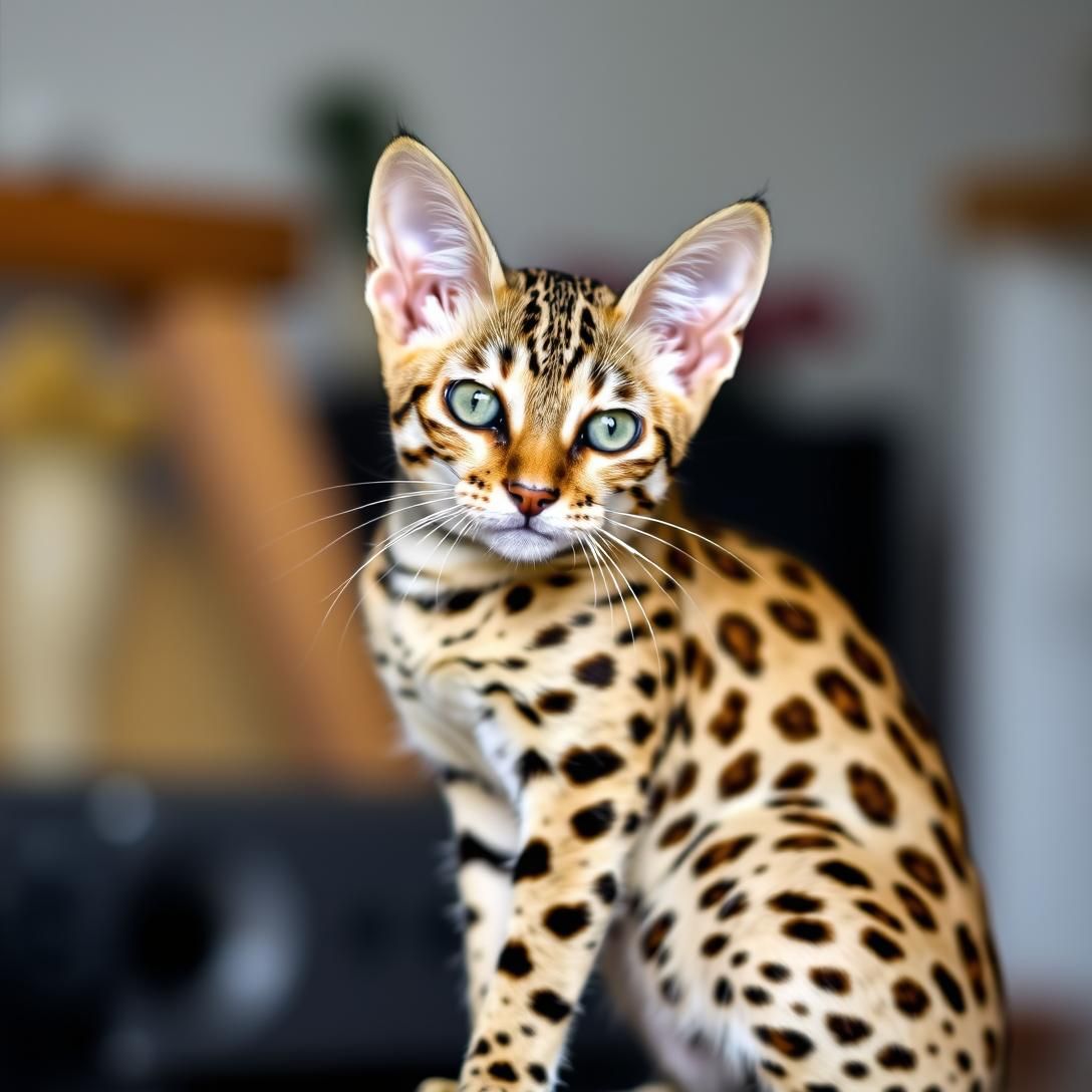 Ocicat with spotted wild-looking coat, sitting in alert pose, domestic but exotic appearance, natural indoor lighting, professional portrait, photorealistic detail, stunning markings