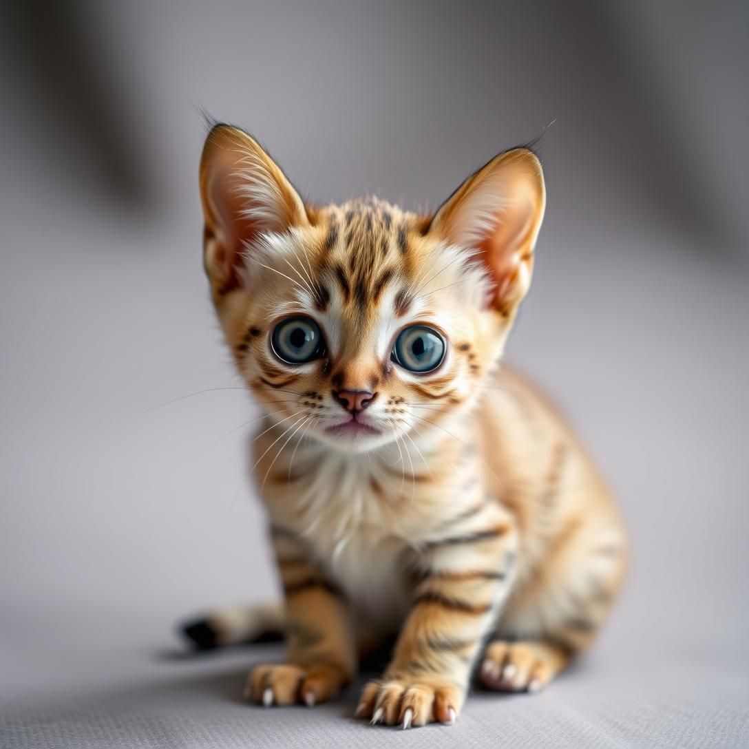 Singapura cat (smallest breed) sitting showing tiny size, large eyes and ears on small body, ticked coat, soft lighting, extremely petite and adorable, professional portrait