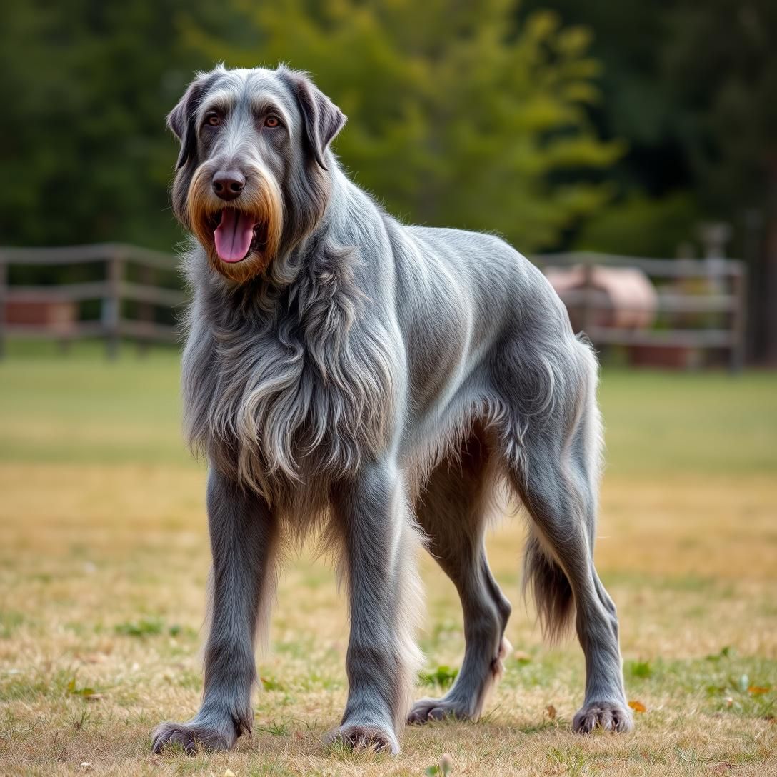 Irish Wolfhound standing at full impressive height, largest dog breed, grey wiry coat, powerful but gentle expression, outdoor setting, professional photography, majestic presence