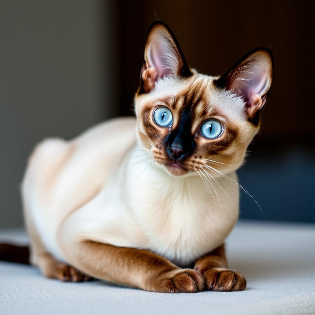 Tonkinese cat with mink-colored coat and aqua eyes, sitting elegantly, perfect blend of Siamese and Burmese features, soft portrait lighting, professional photography, stunning eyes