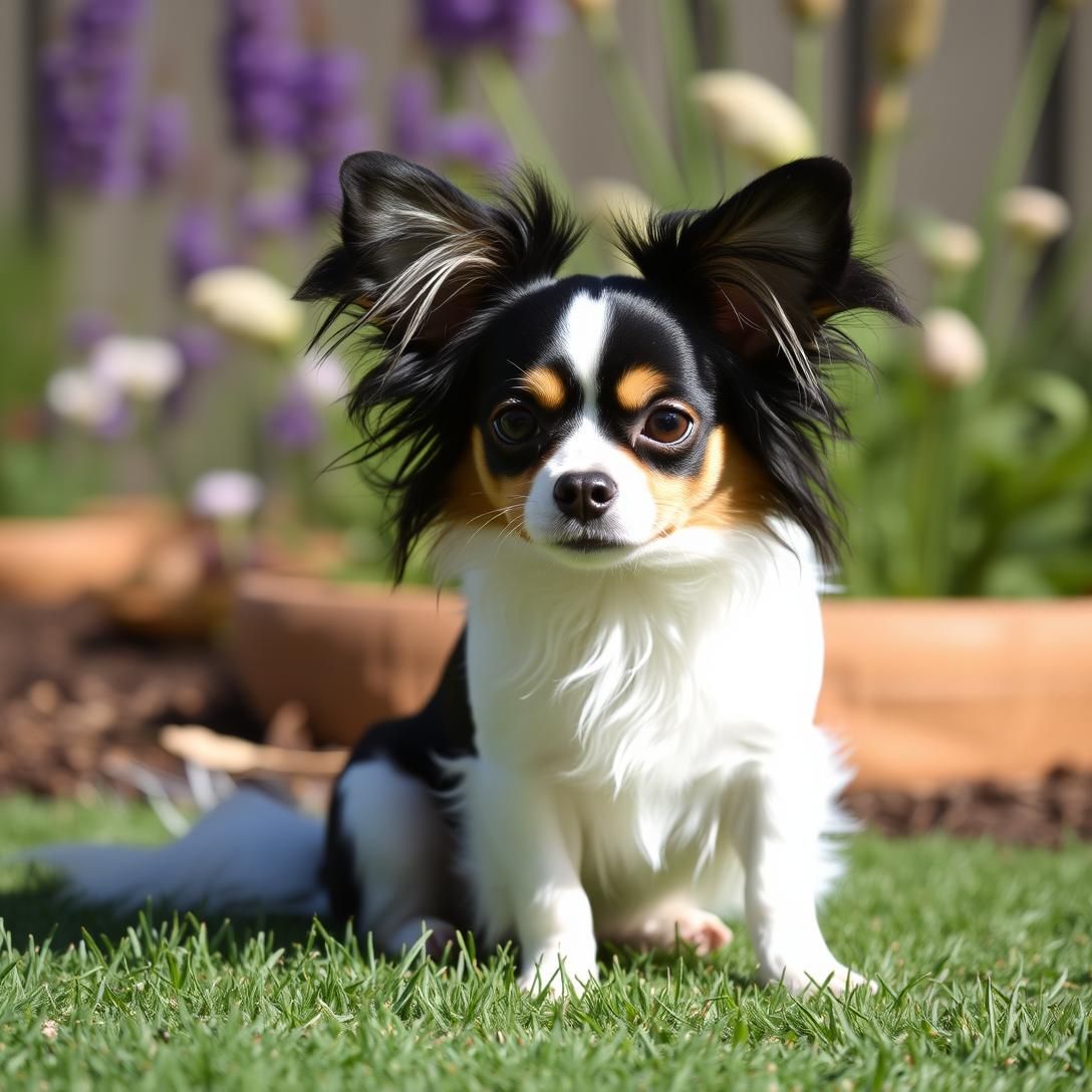 Papillon dog with distinctive butterfly-like ears, small elegant build, sitting in garden, silky coat flowing, sunny day, professional pet photography, adorable and refined