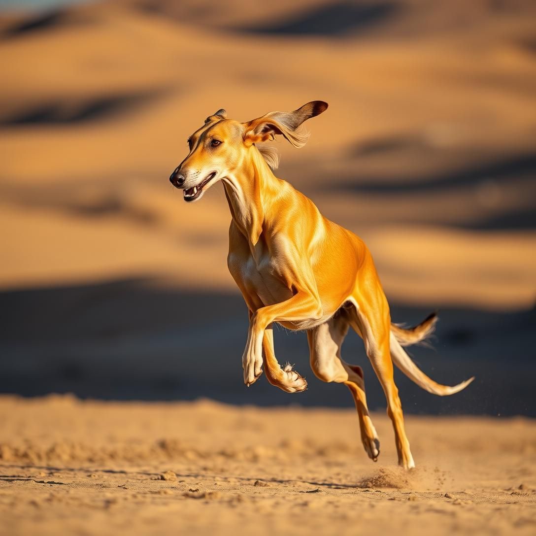 Saluki (Arabian sighthound) running with elegant graceful form, long silky ears flowing, desert background, athletic build, dramatic lighting, professional photography, ancient breed