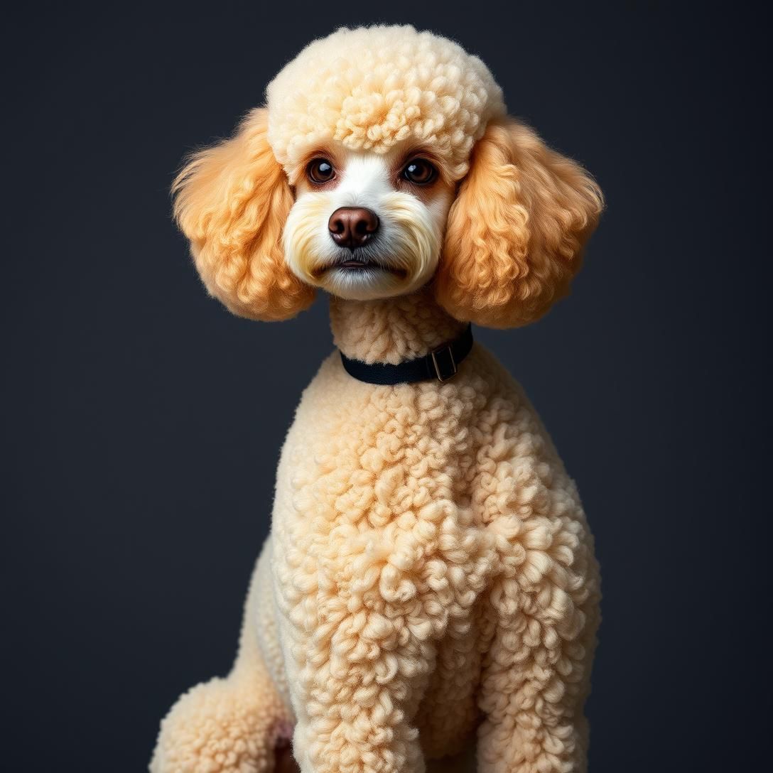 Poodle (Standard) with show cut grooming, elegant pose, sophisticated appearance, solid colored coat, professional studio lighting, regal bearing, high-end portrait, 8k quality