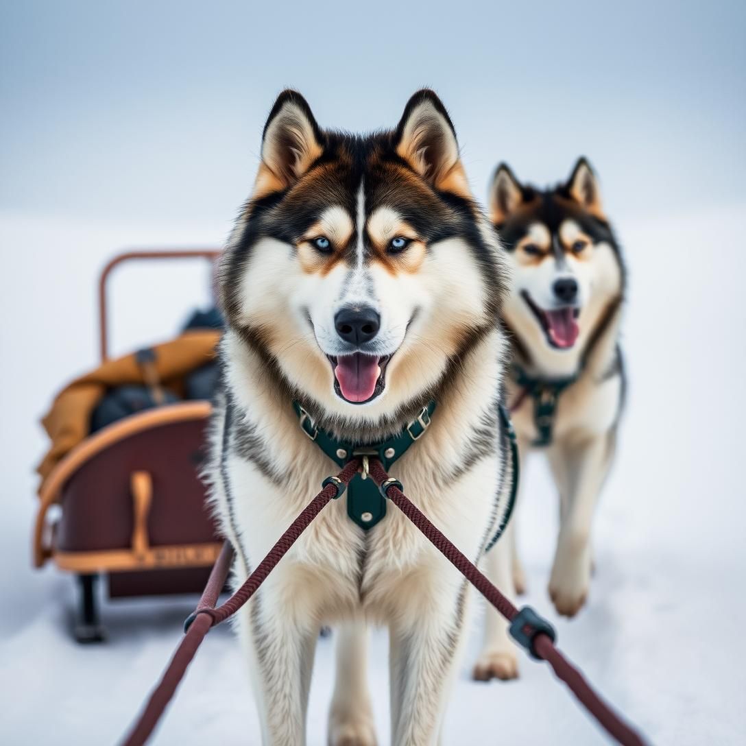 Alaskan Malamute in harness pulling sled, powerful build, thick double coat, snowy arctic setting, working dog photography, strength and endurance visible, dramatic winter scene
