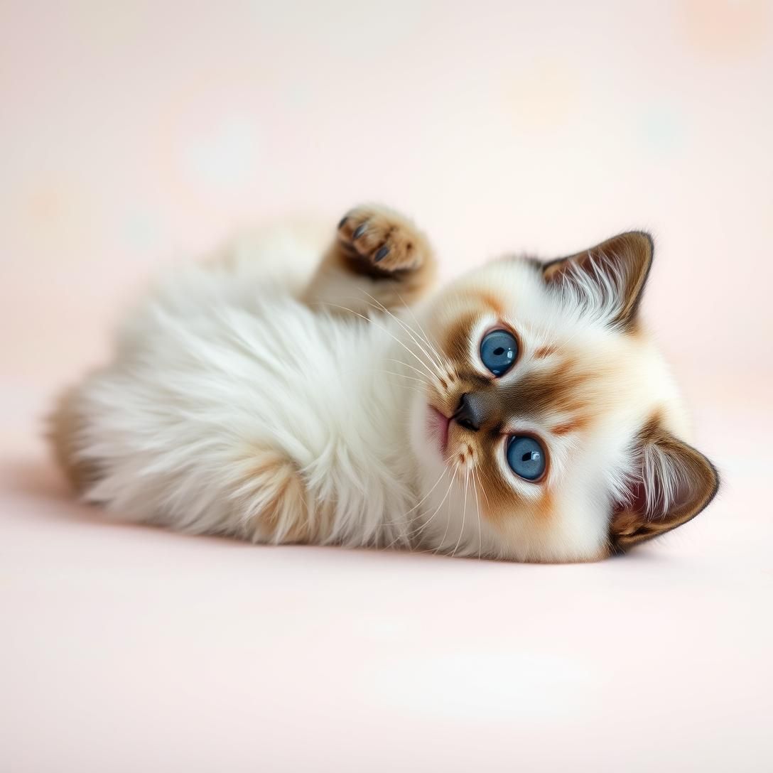 Ragdoll kitten with blue eyes lying on back showing white belly, relaxed floppy pose, soft pastel background, dreamy lighting, extremely cute, professional photography, docile expression
