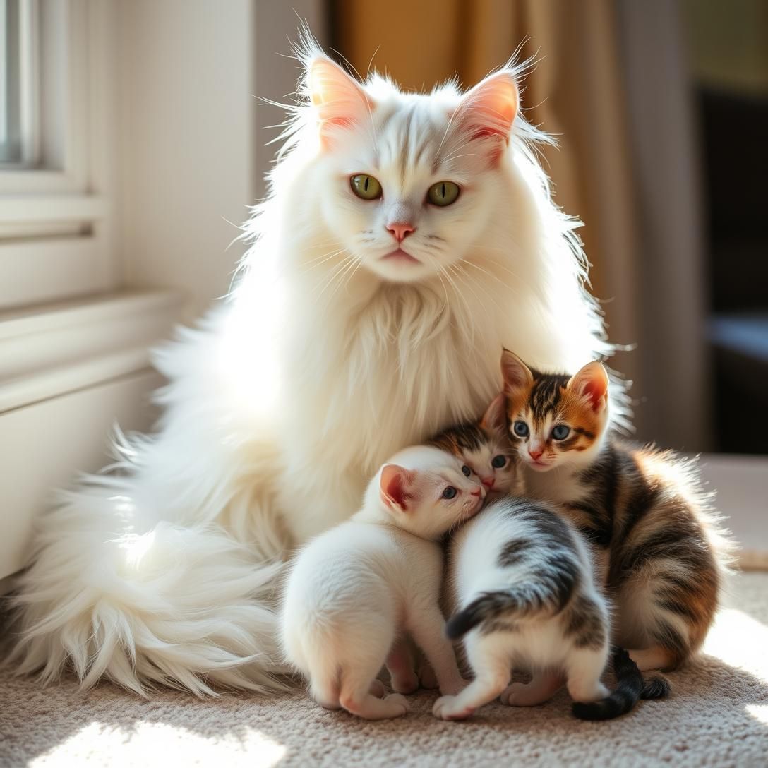 Fluffy White Persian Mom and Her Playful Babies