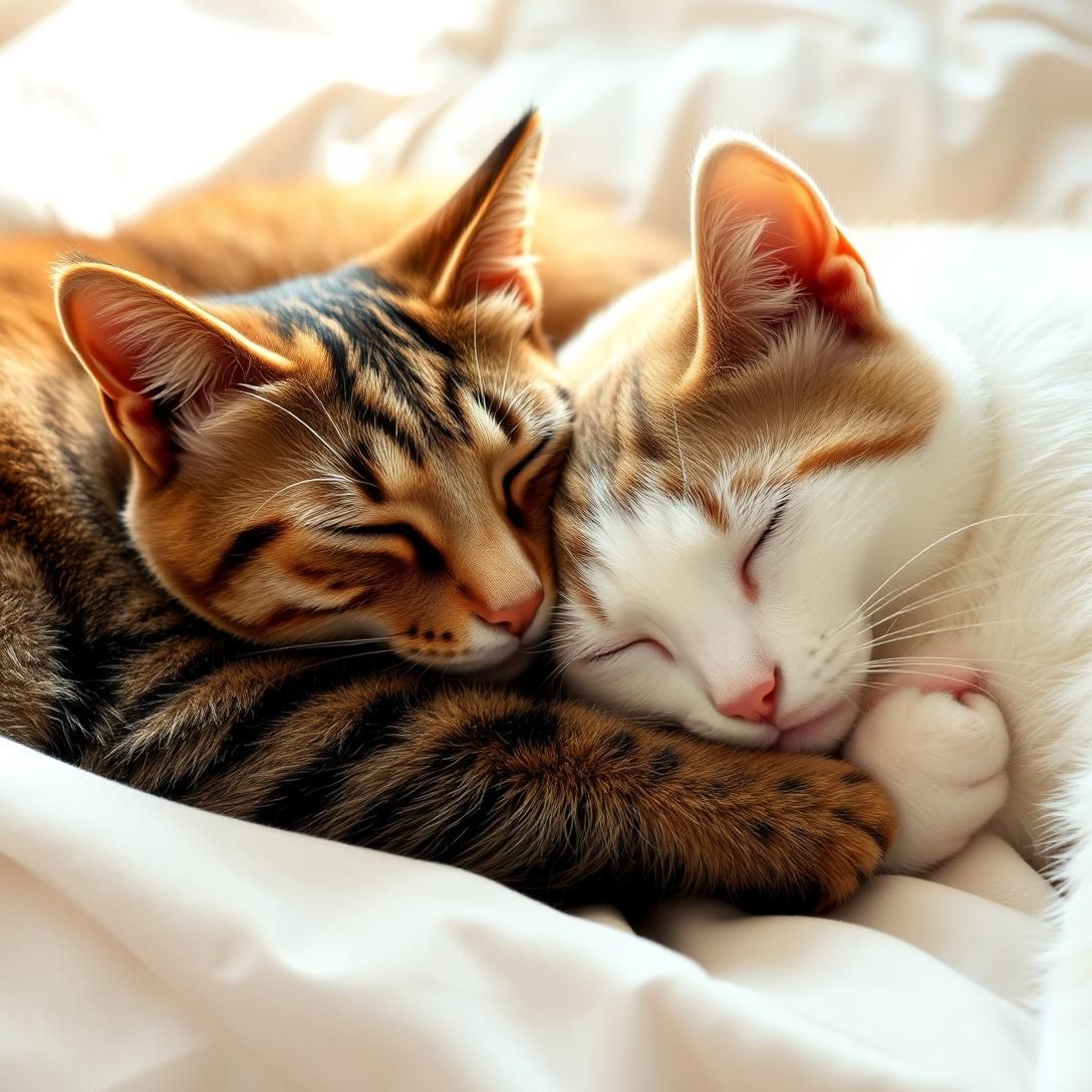 Cozy Cuddles: Tabby and White Cat Napping Together