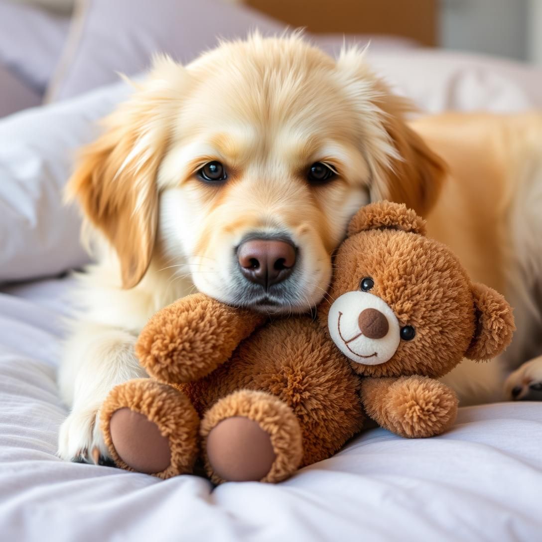 Golden Retriever's Heartwarming Teddy Bear Hug