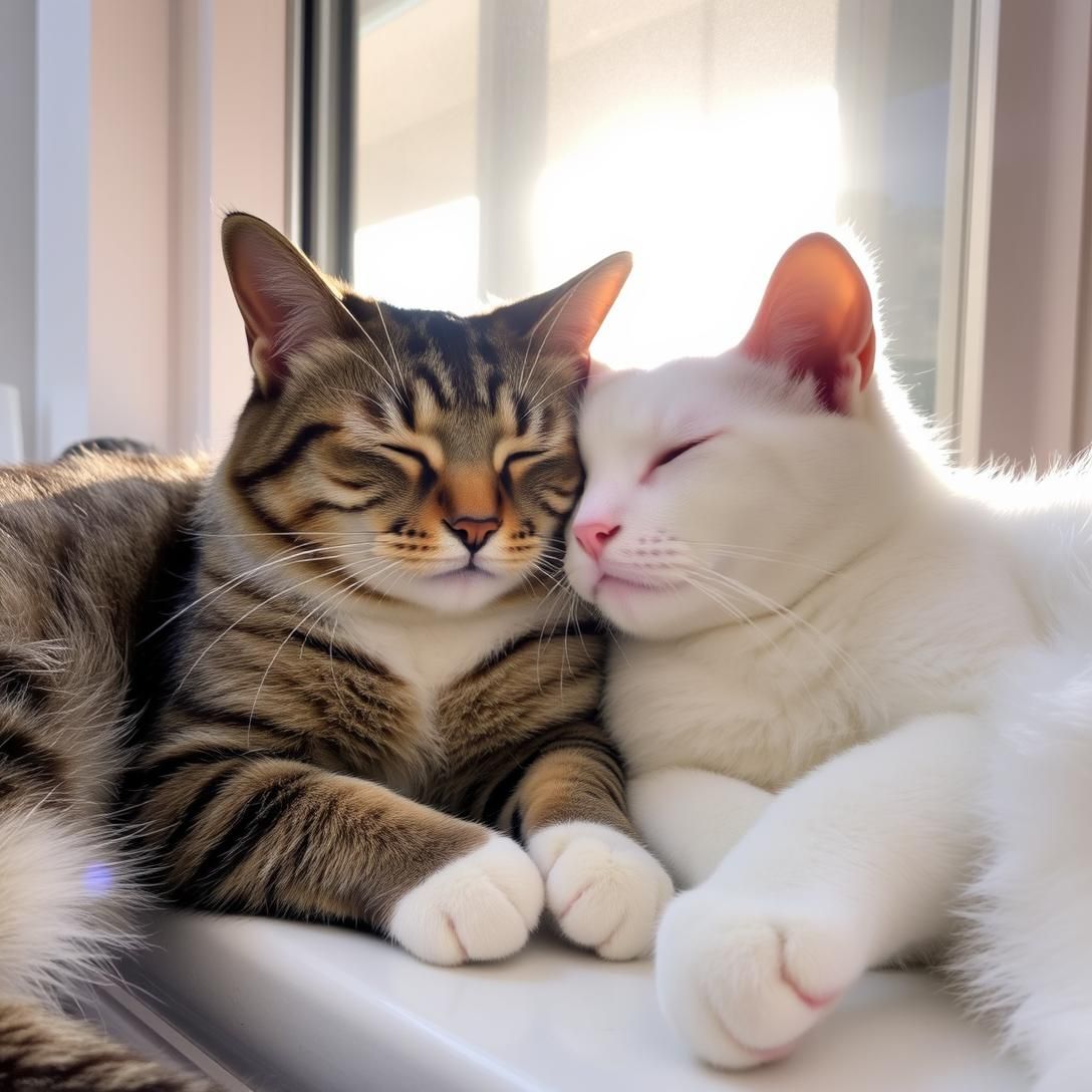 Loving Cat Pair: Sleepy Snuggles on a Sunny Day