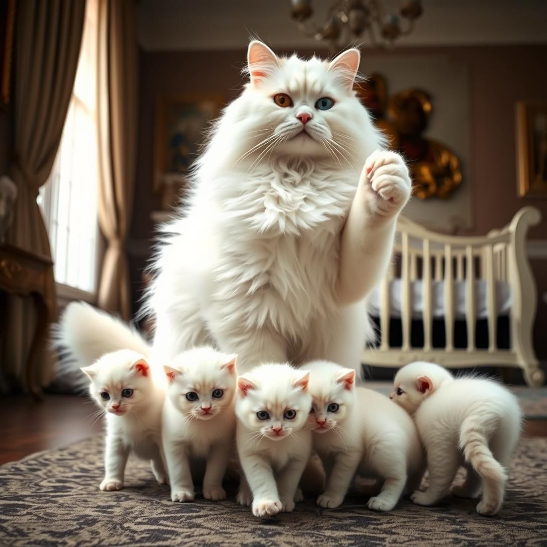 Persian Cat's Regal Pose with Adorable Offspring