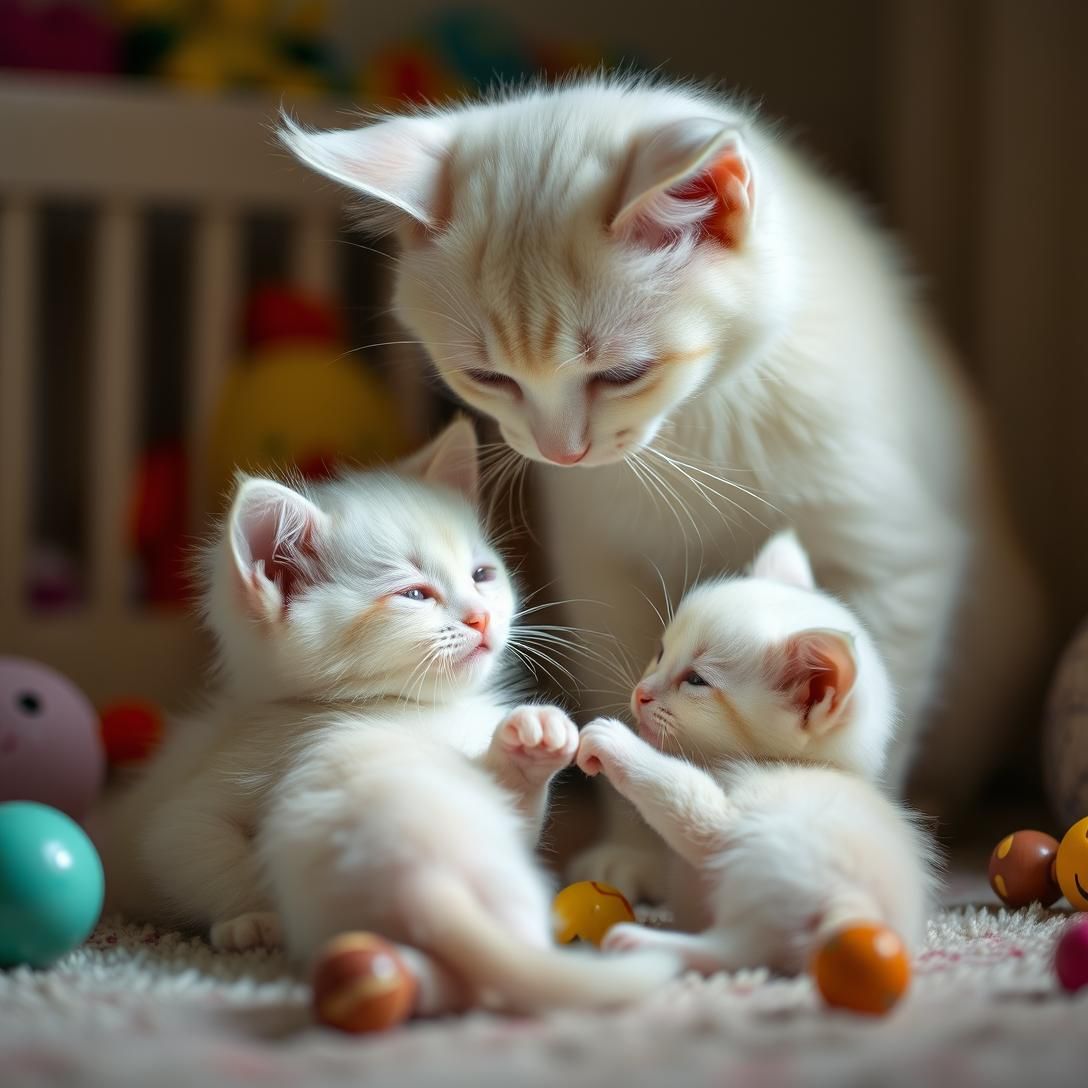 Mother Kitten's Tender Gaze Over Babies