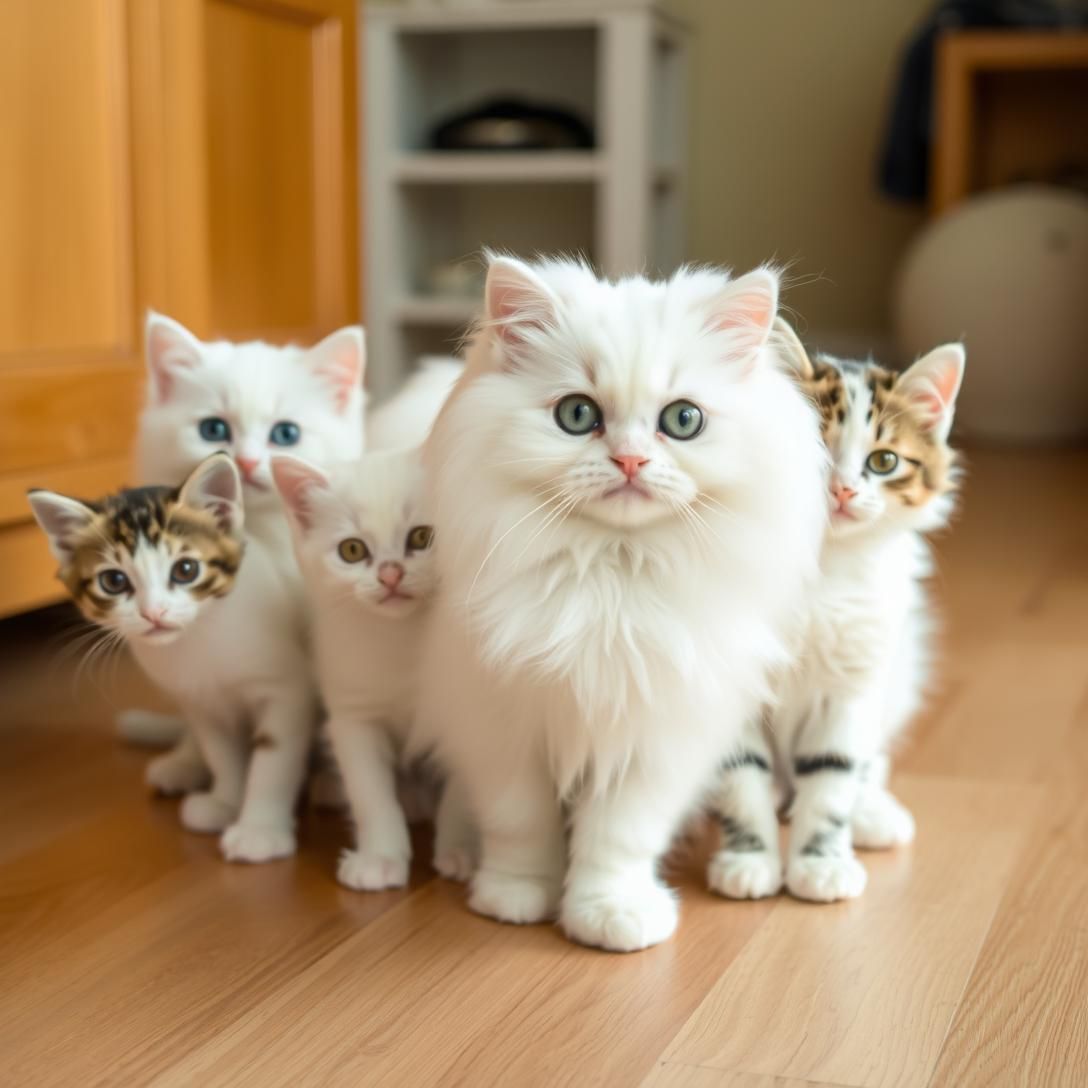Fluffy Trio: Persian Mom's Proud Brood