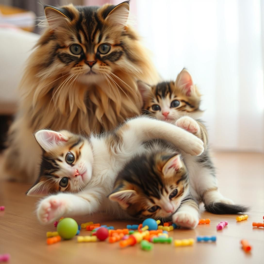 Kittens' Playful Tumble with Mom Watching