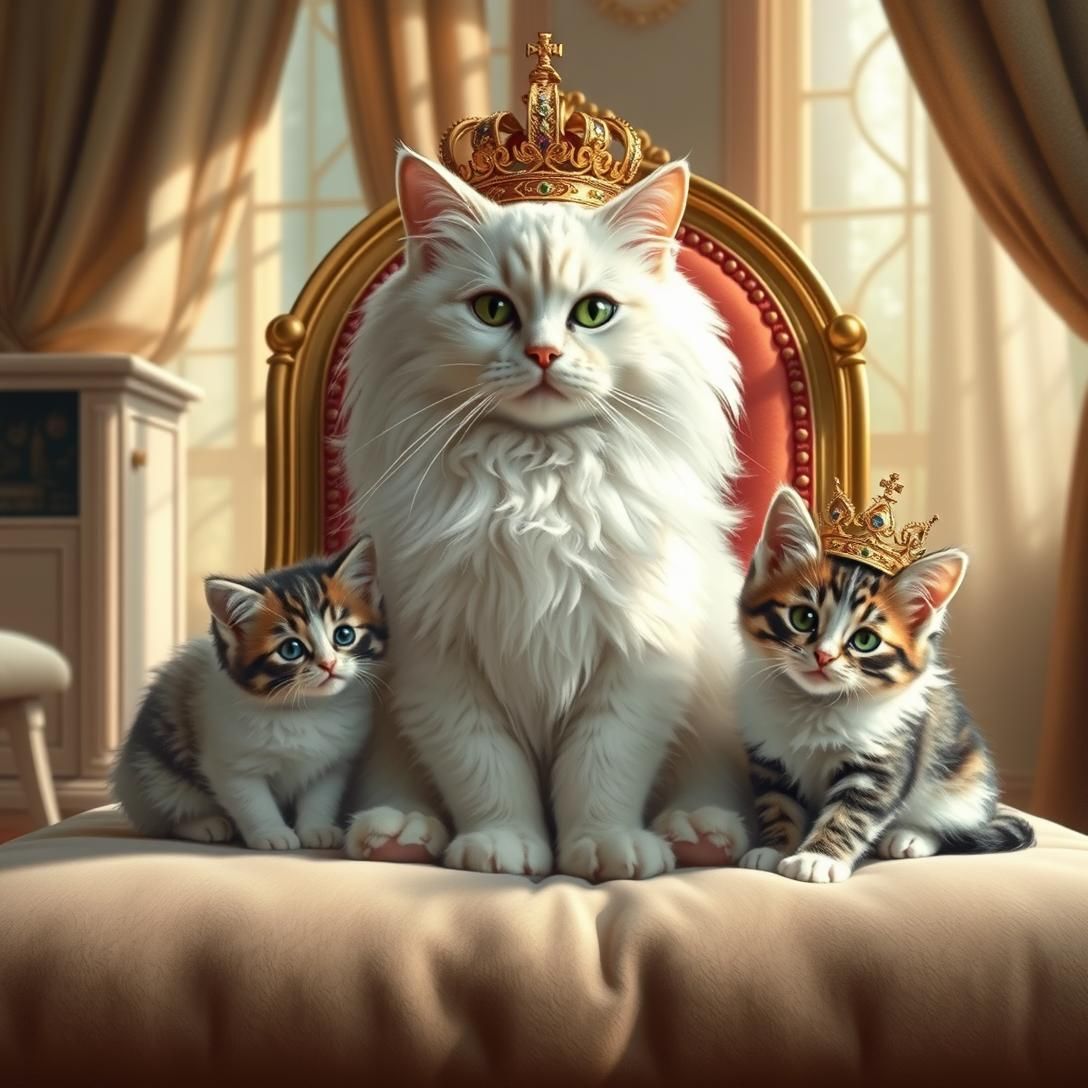 Fluffy Persian Mom's Royal Kitten Throne Assembly
