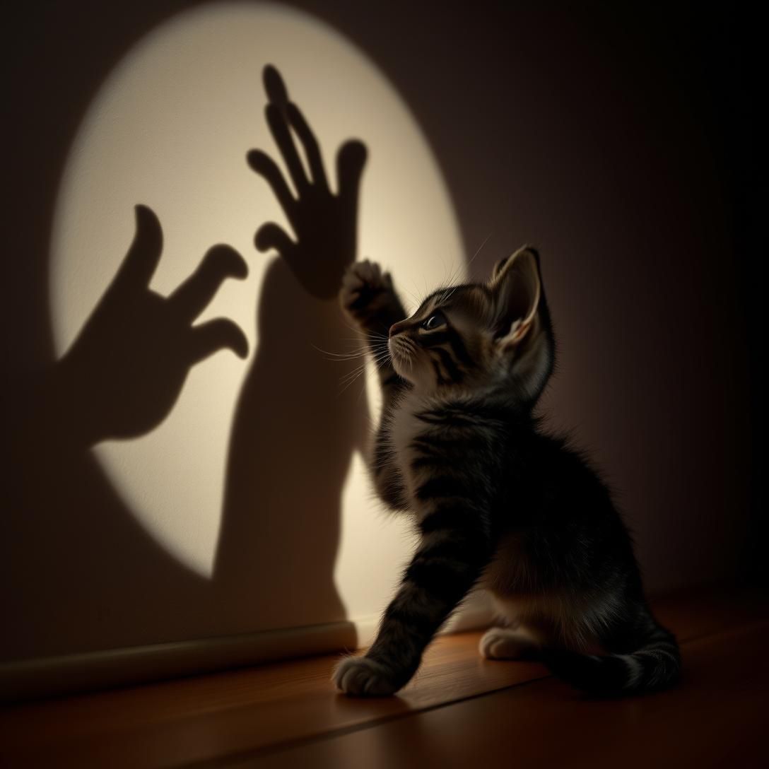 Striped Kitten's Mischievous Shadow Puppet Shenanigans
