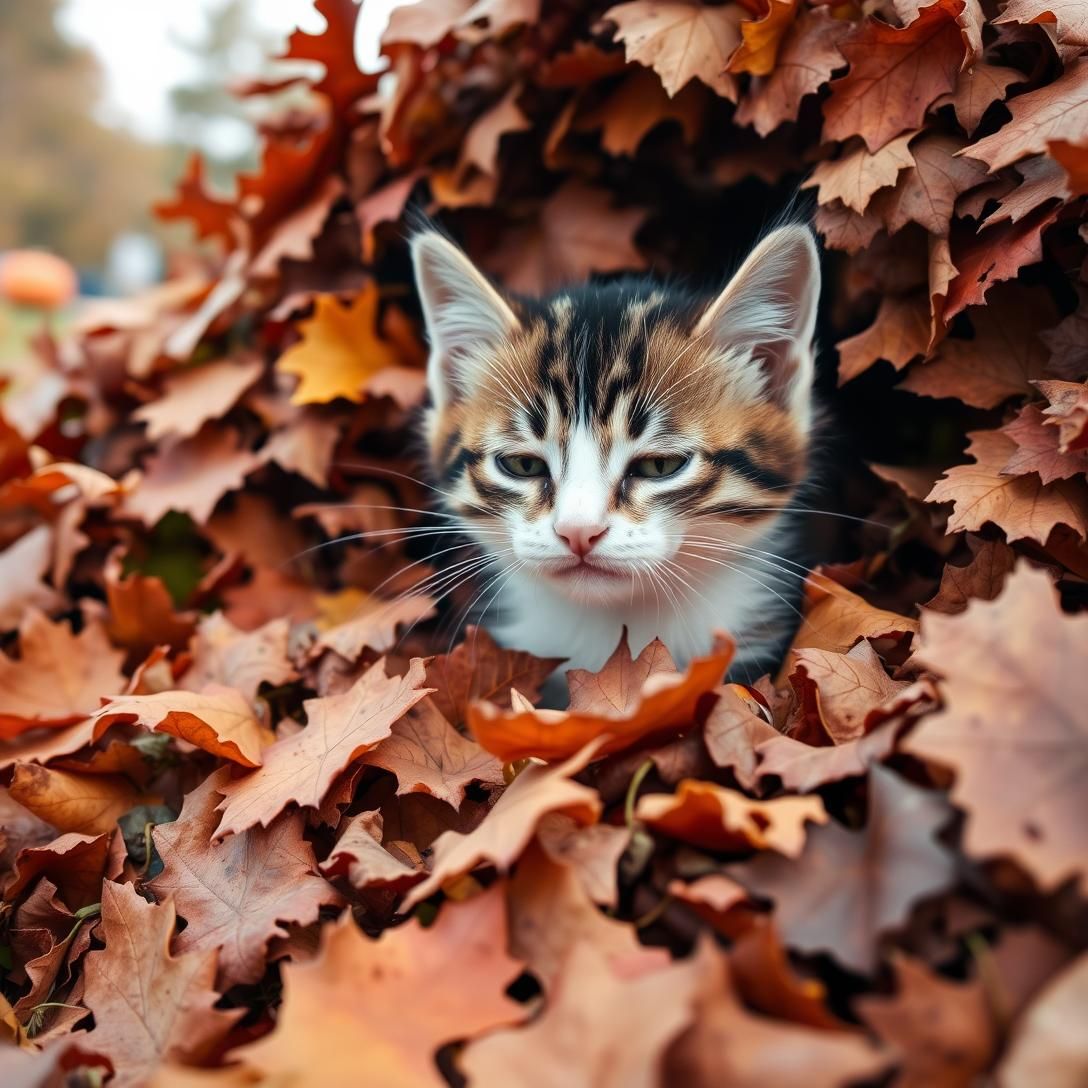 Striped Kitten's Leaf Pile Autumn Avalanche