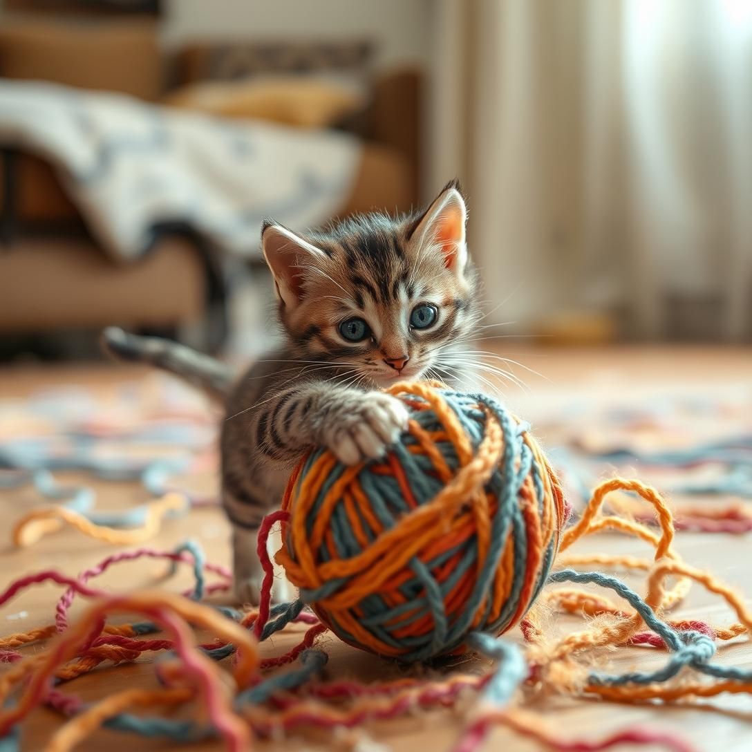 Striped Kitten's Yarn Ball Demolition Derby
