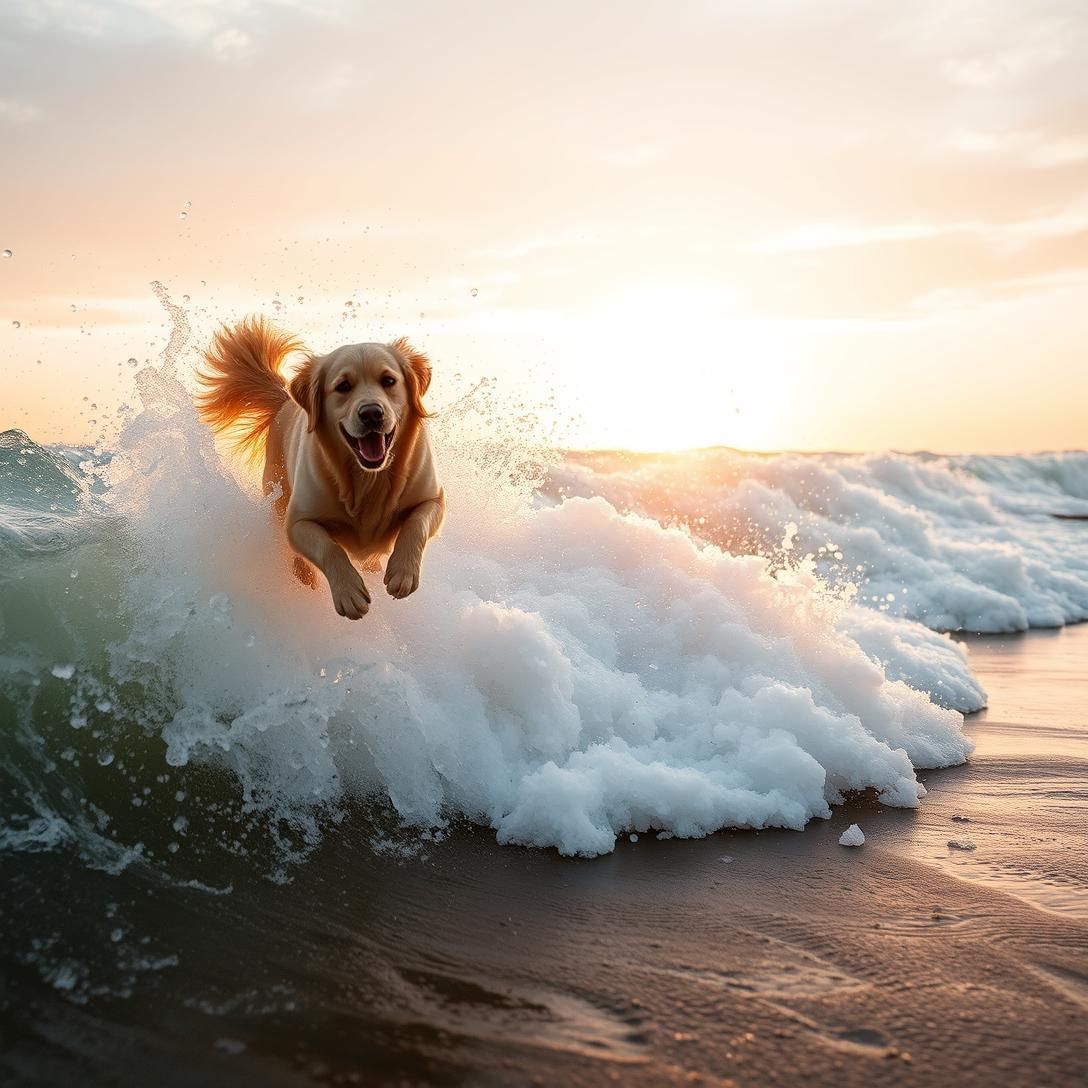 Golden Retriever's Beach Wave Surf Surprise