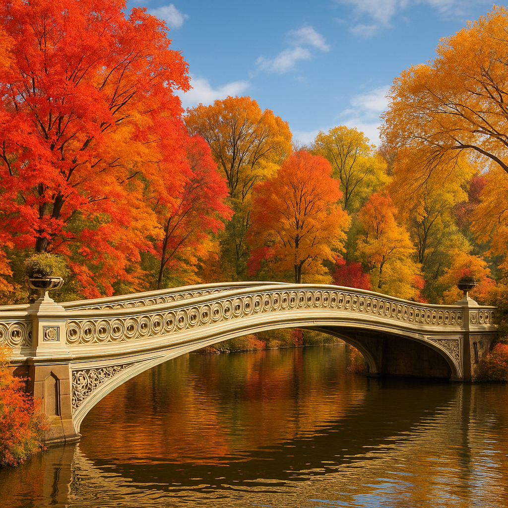 Bow Bridge in Central Park during autumn foliage