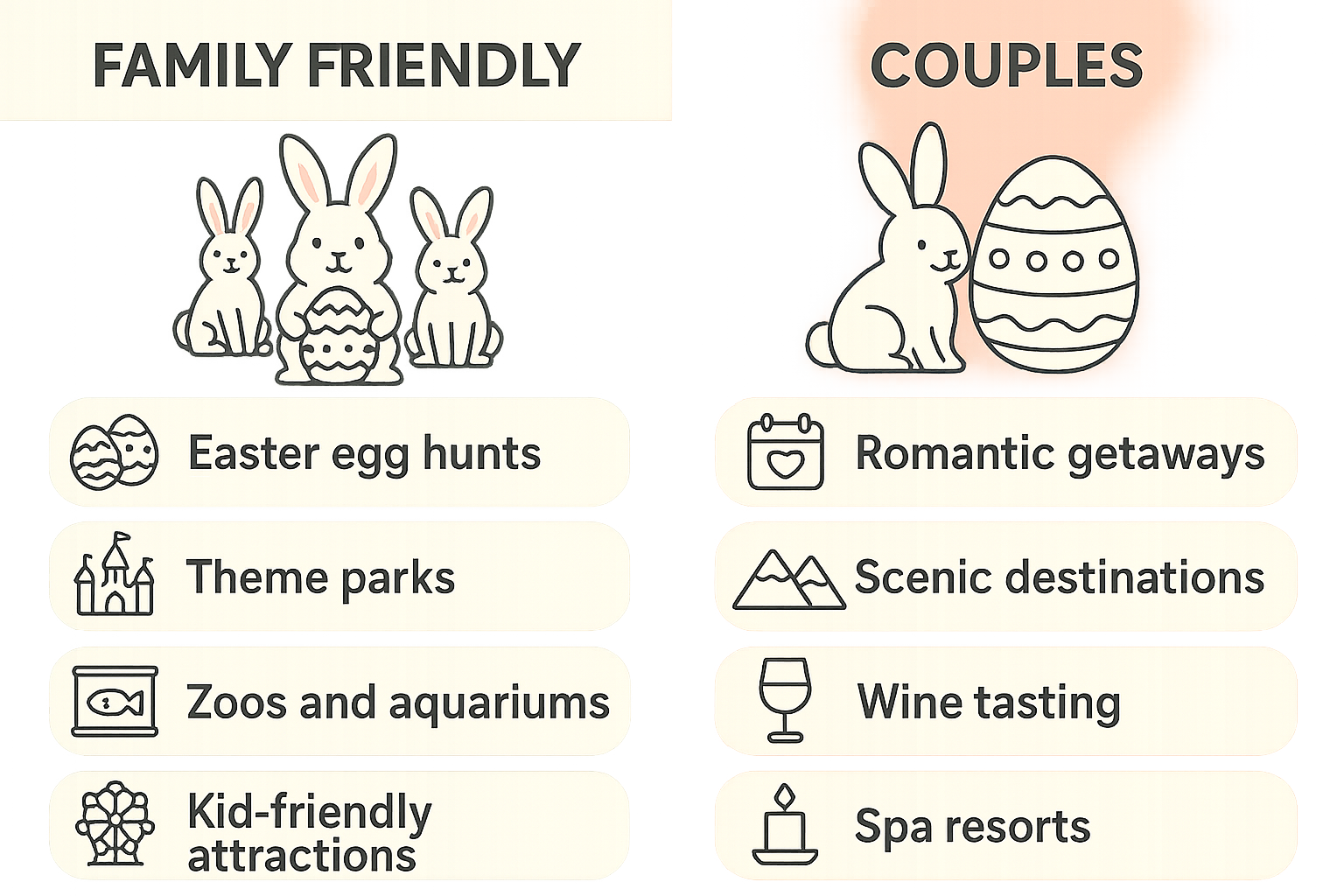 Family and couple Easter travel destinations comparison