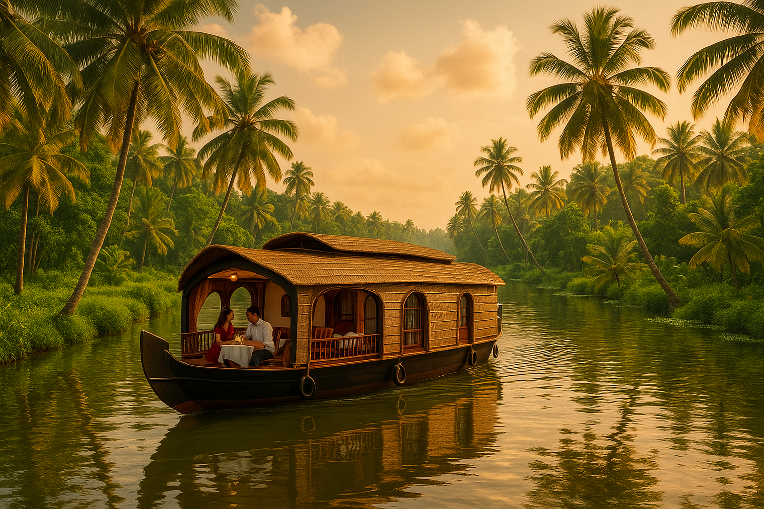 Romantic houseboat on Kerala backwaters at sunset