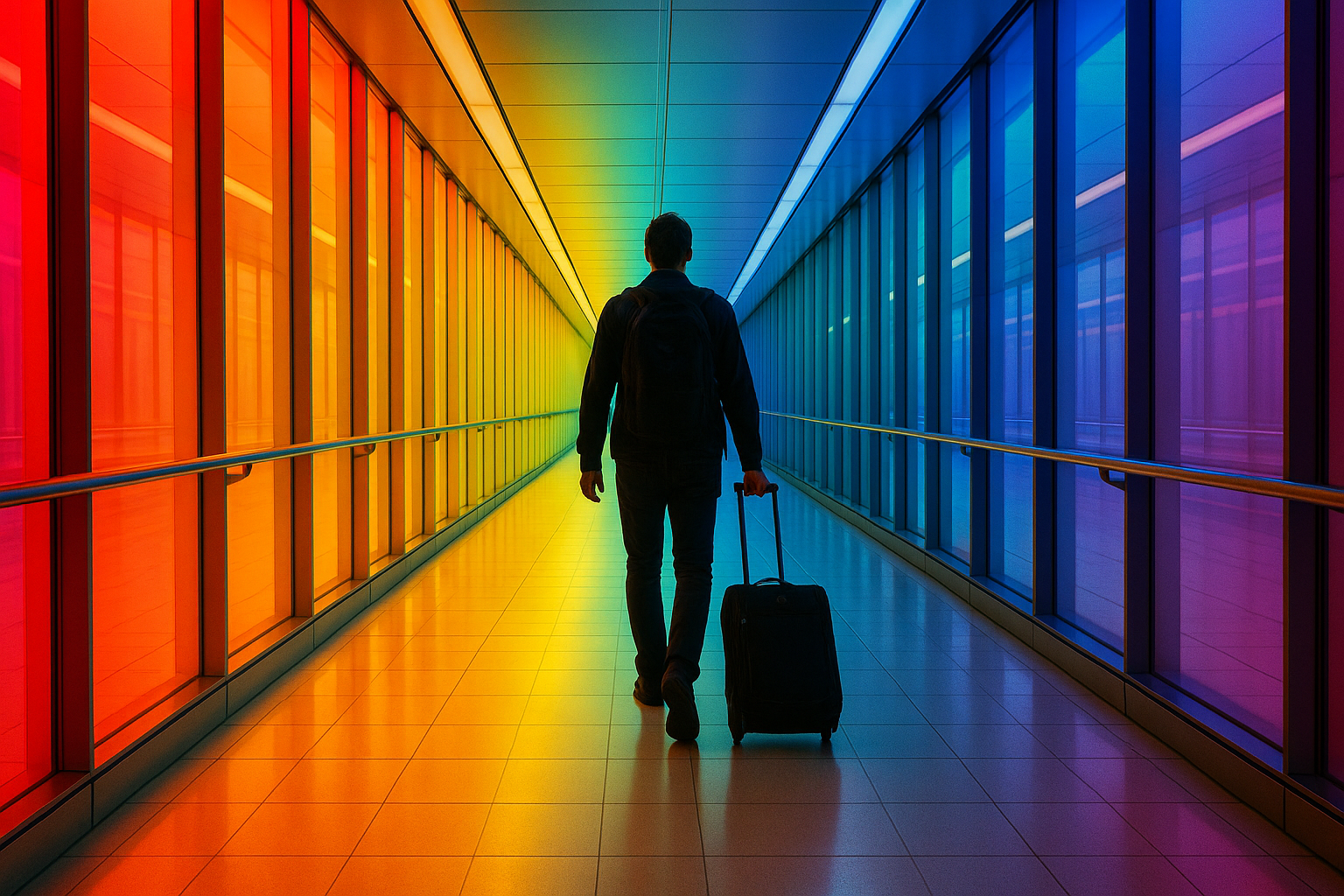 Traveler walking through colorful airport corridor for workout