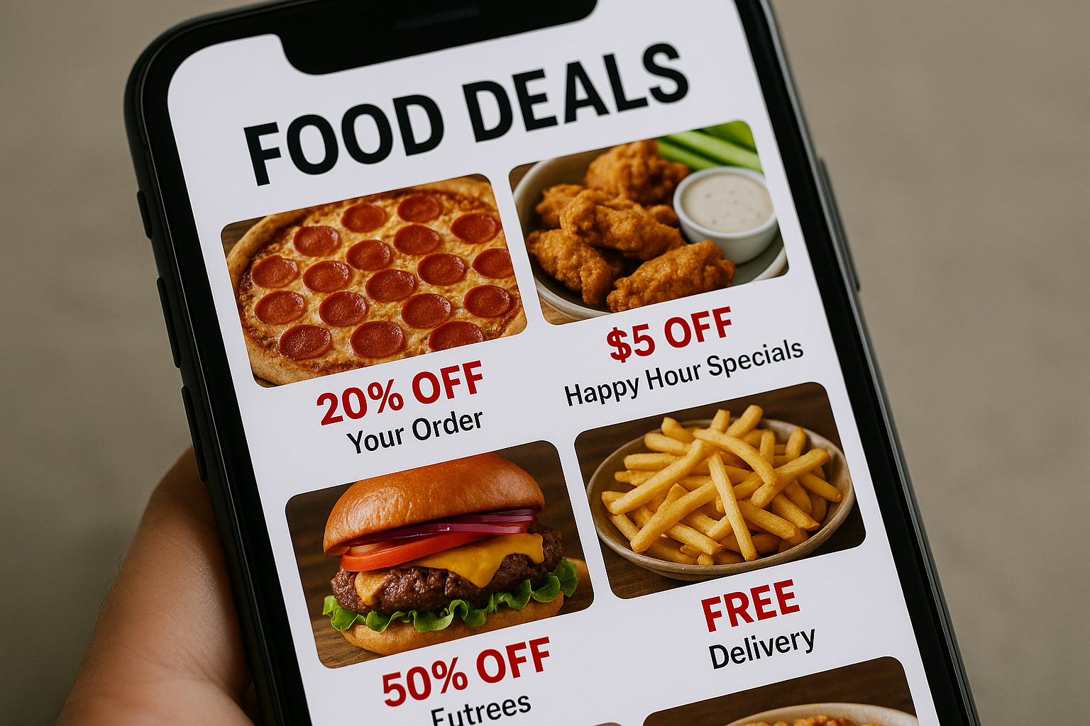 Mobile phone showing food deals app