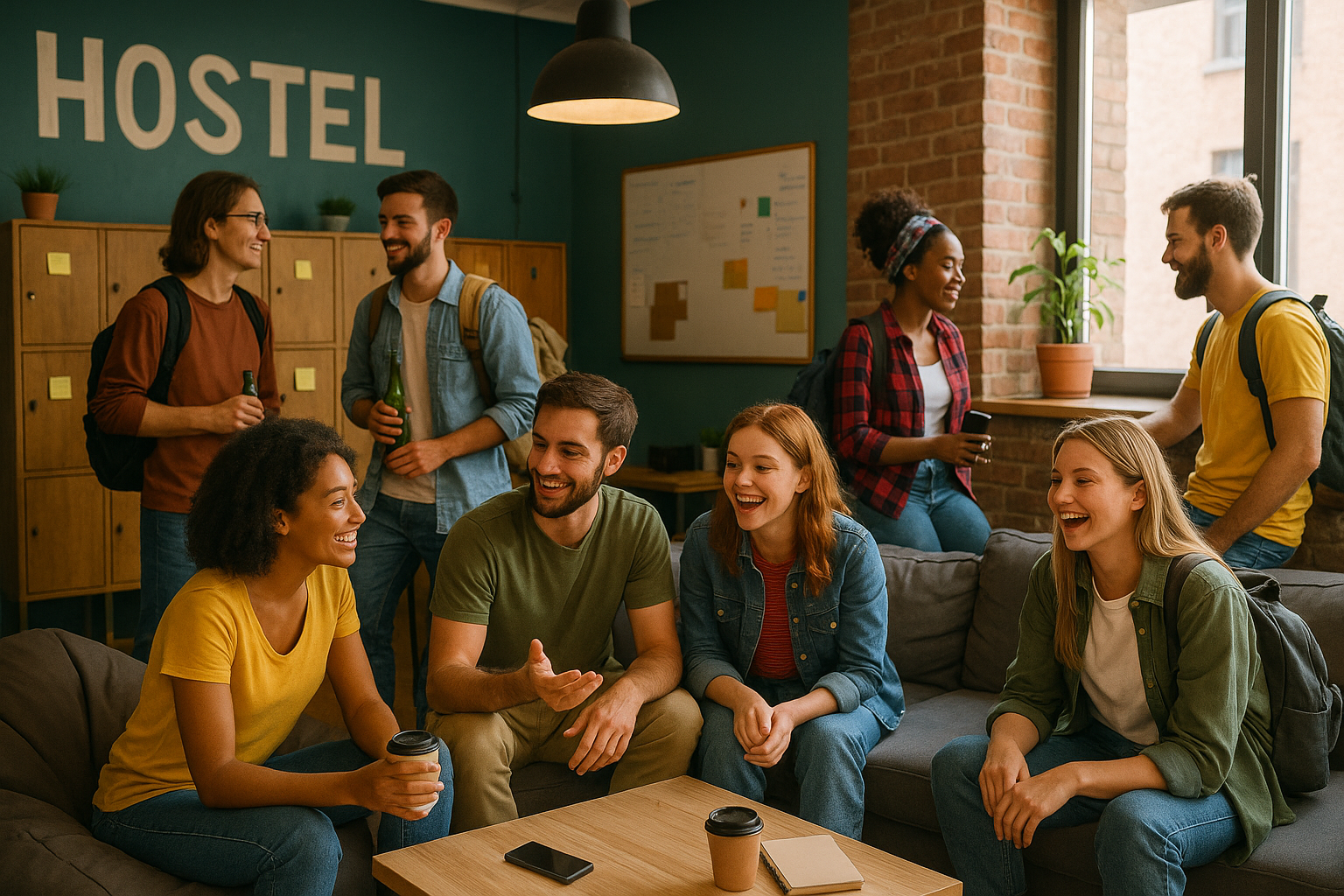 Group of travelers enjoying social activities in a hostel lounge