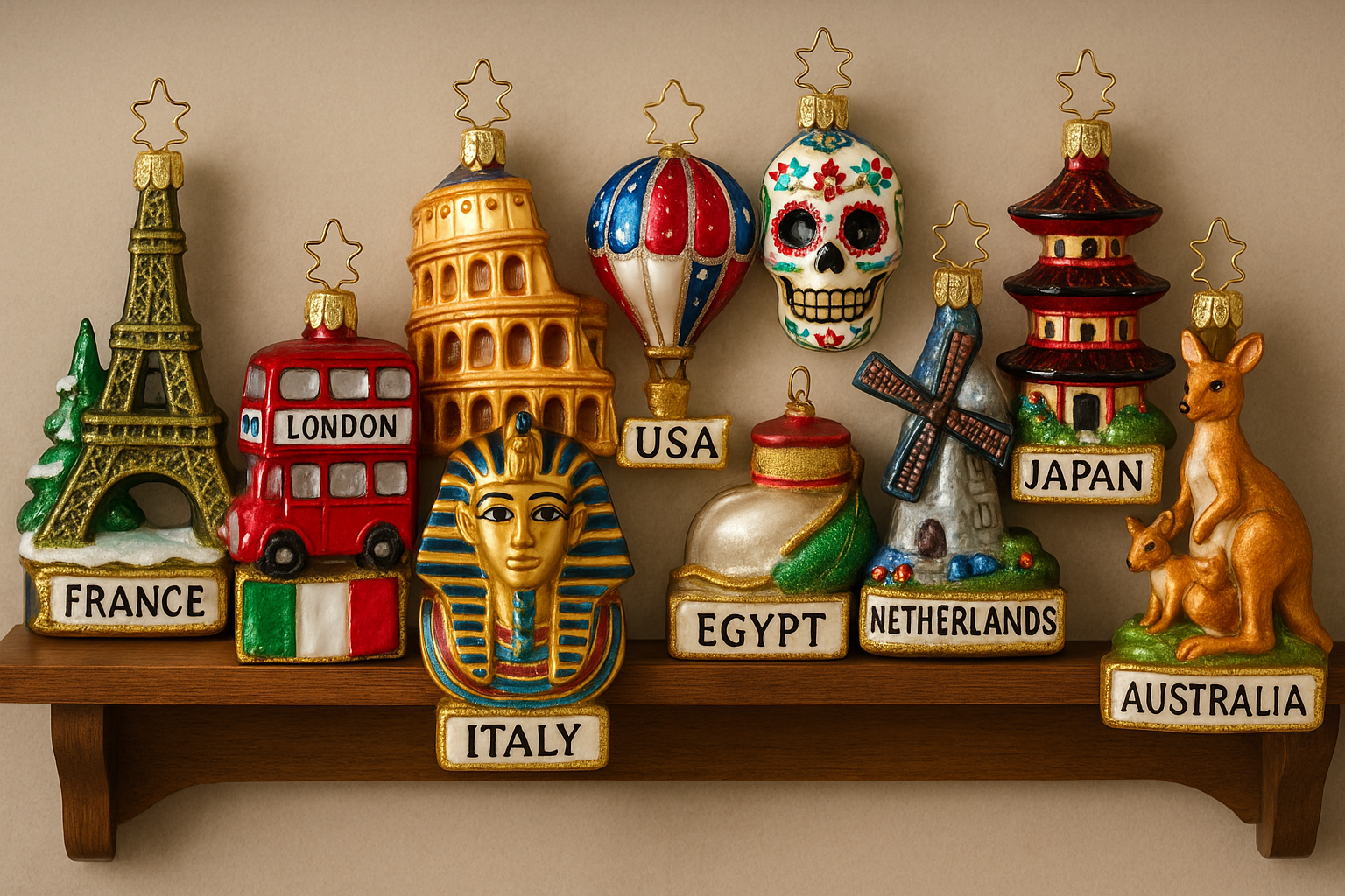 Various travel souvenirs displayed as themed collections