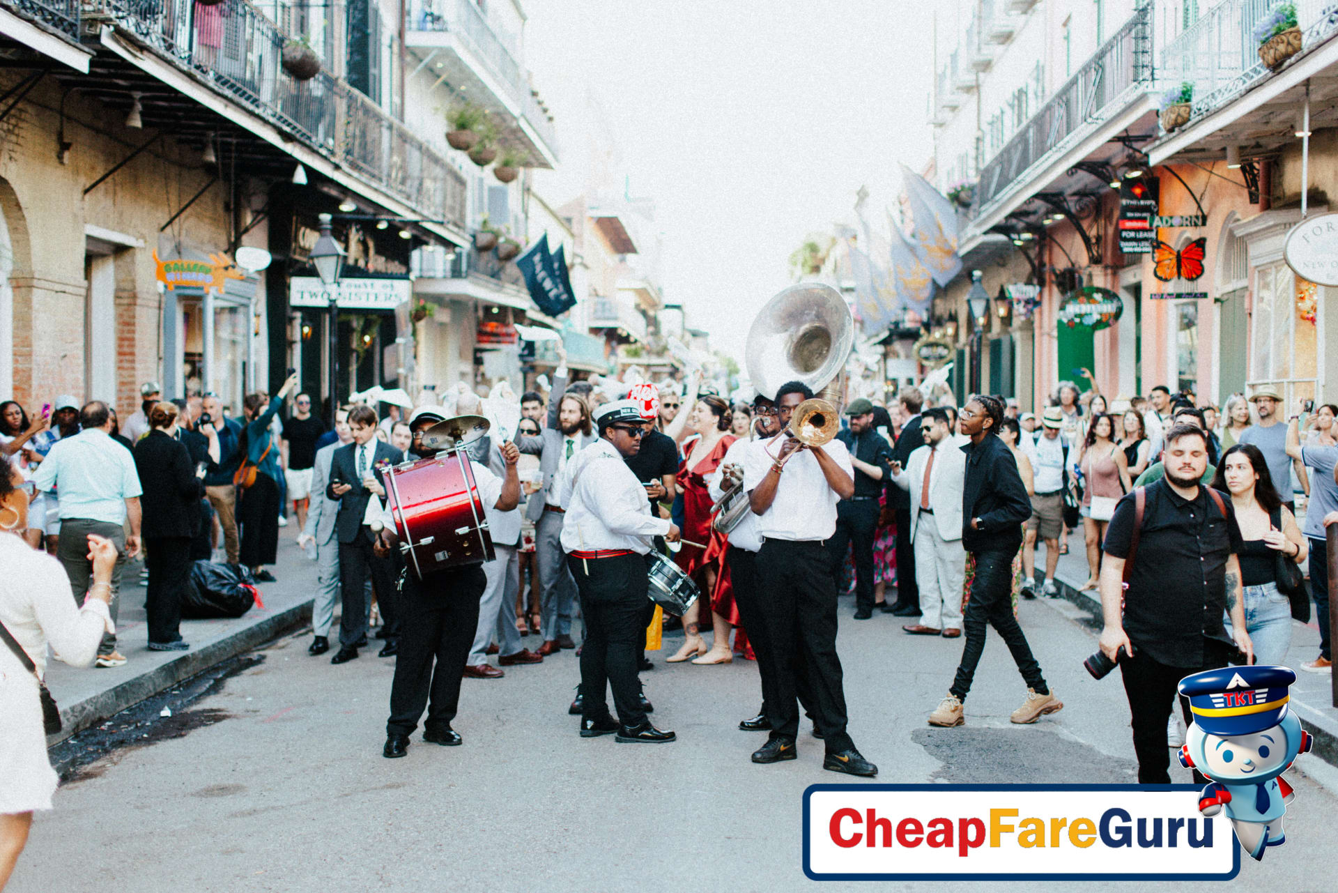 Lively street festival with musicians and crowds in New Orleans
