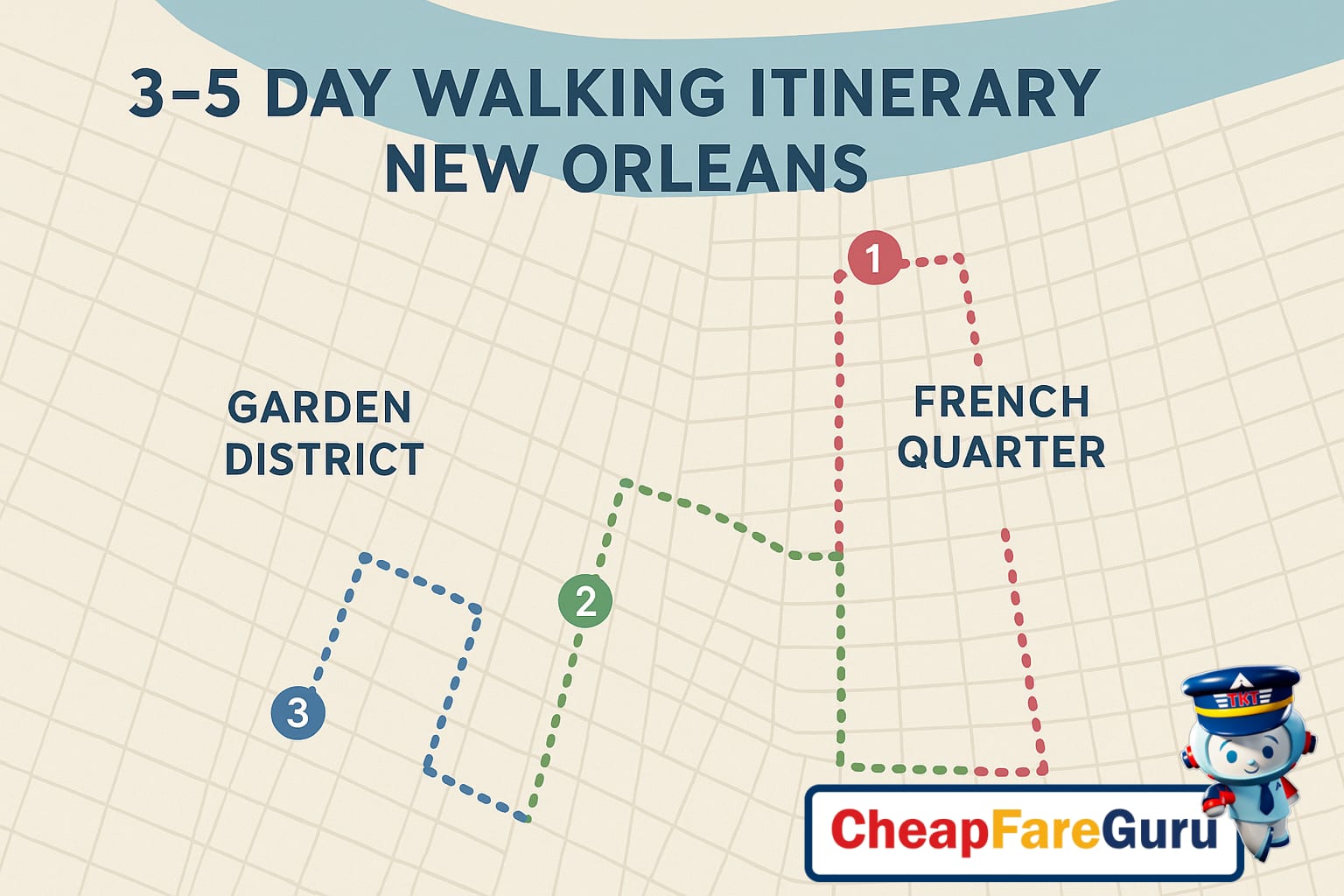 Map of 3-5 day walking itinerary through French Quarter and Garden District