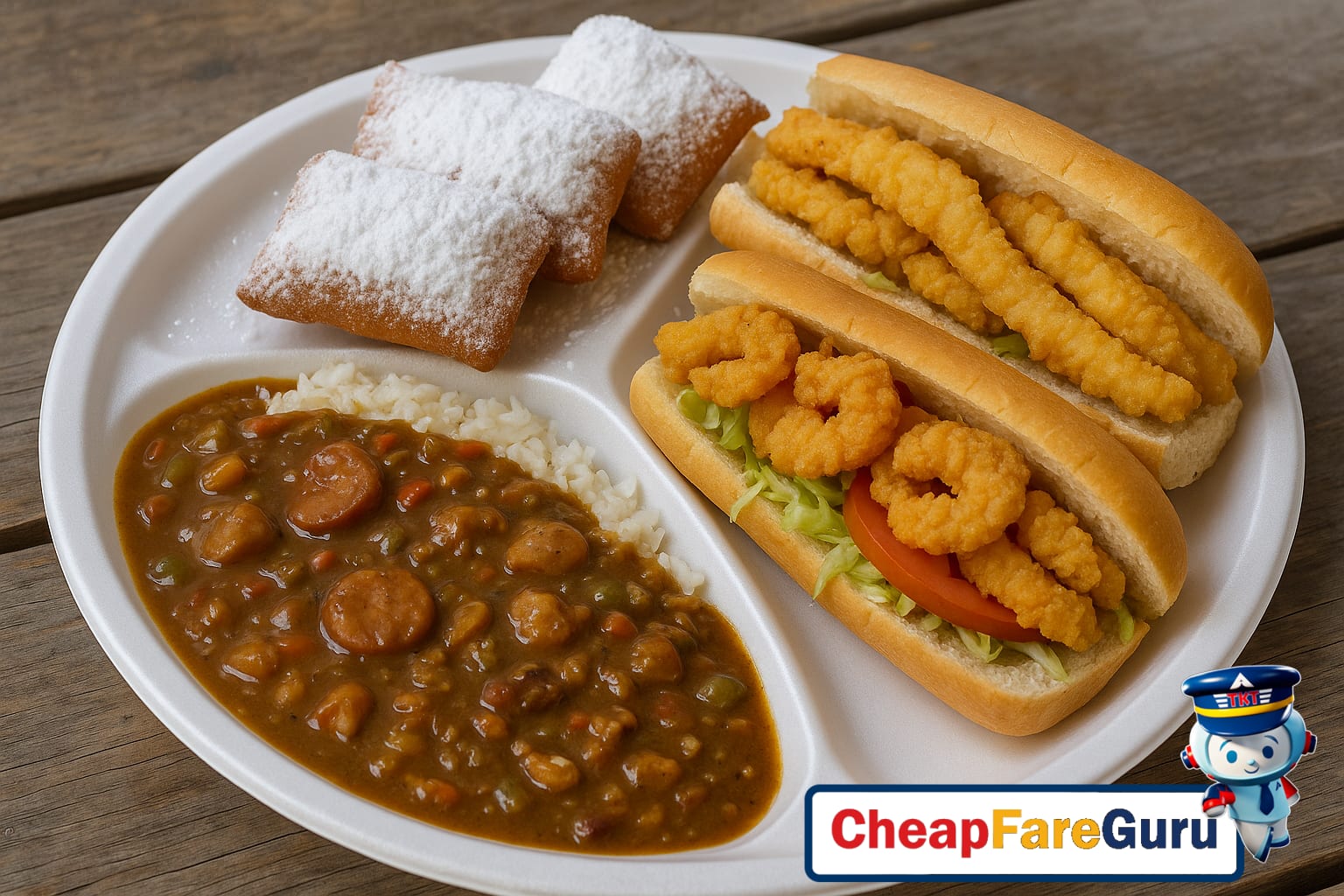 Budget-friendly New Orleans plate with gumbo, beignets, and po'boys