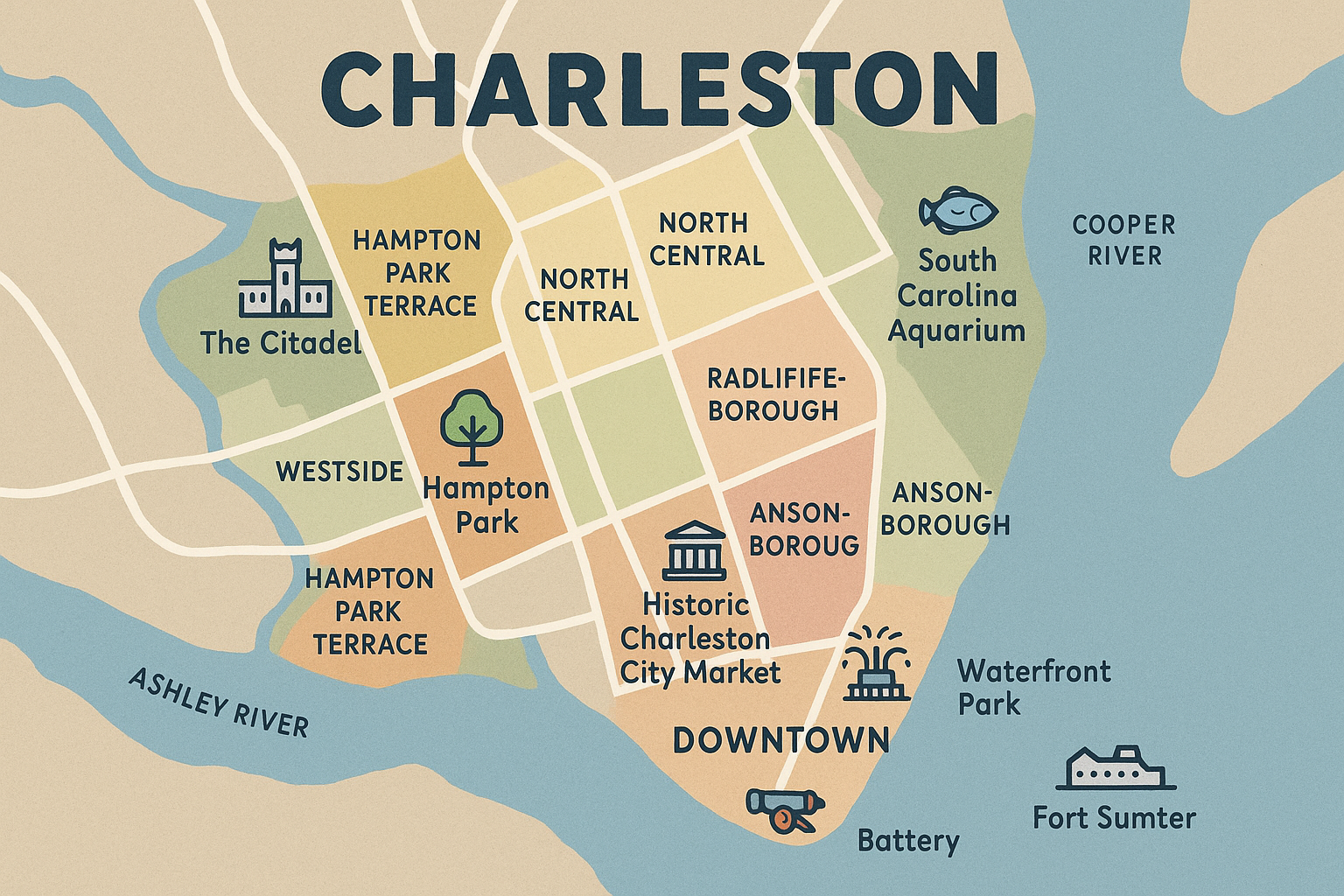 Charleston neighborhoods map highlighting French Quarter, South of Broad, and King Street