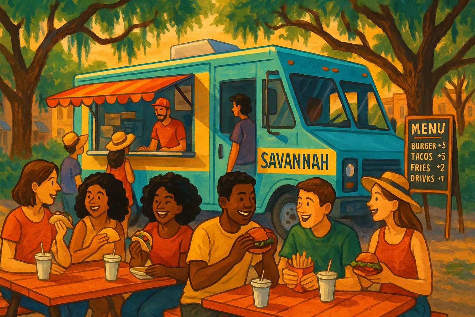 Food trucks serving assorted meals outdoors