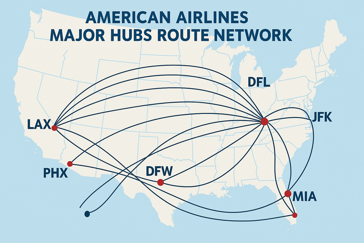 Map of American Airlines hubs and routes