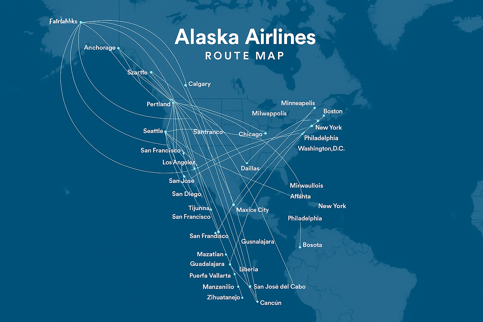 Alaska Airlines route map highlighting hubs and destinations