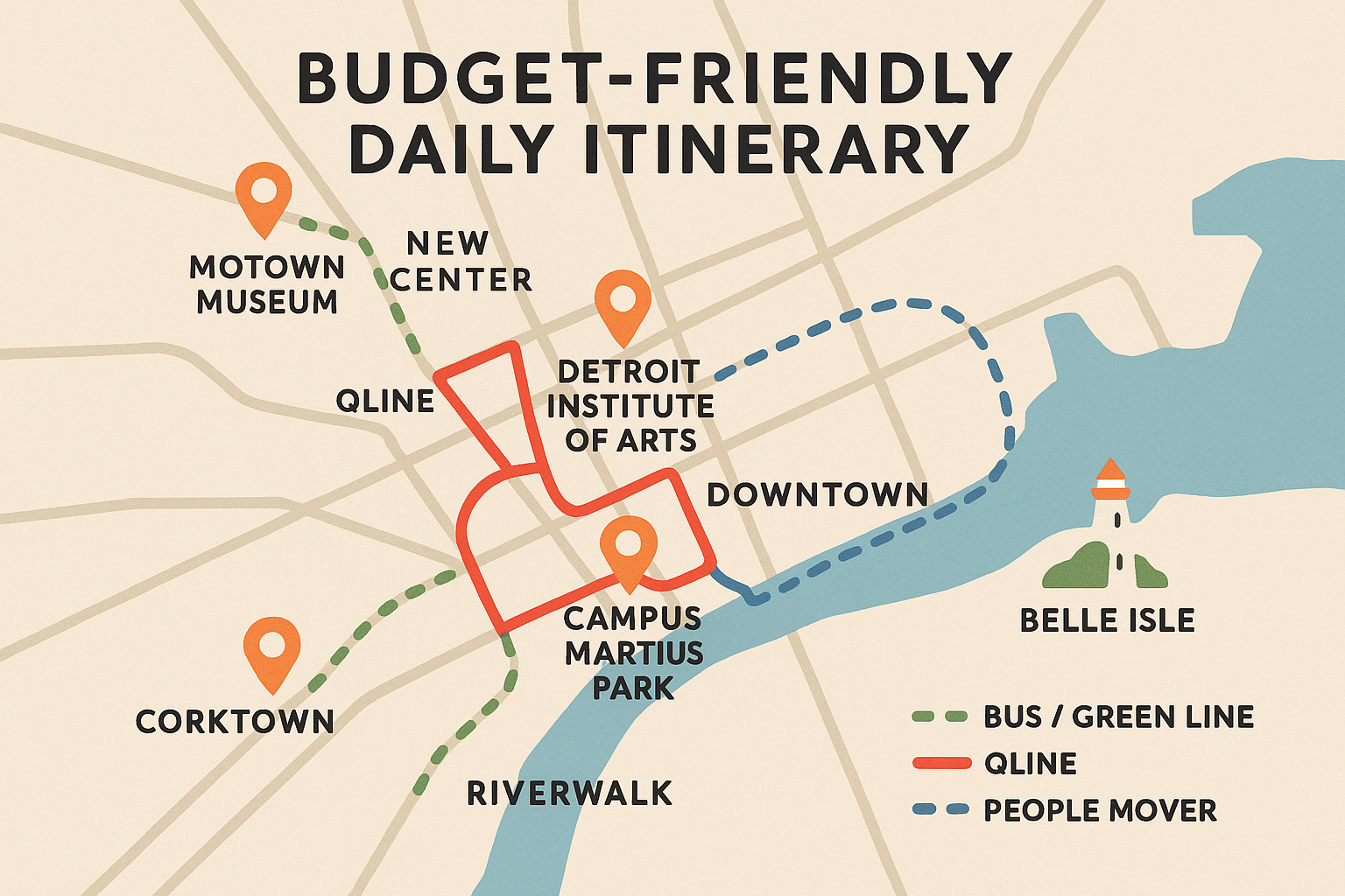 Detroit 3-5 day itinerary map highlighting attractions and routes