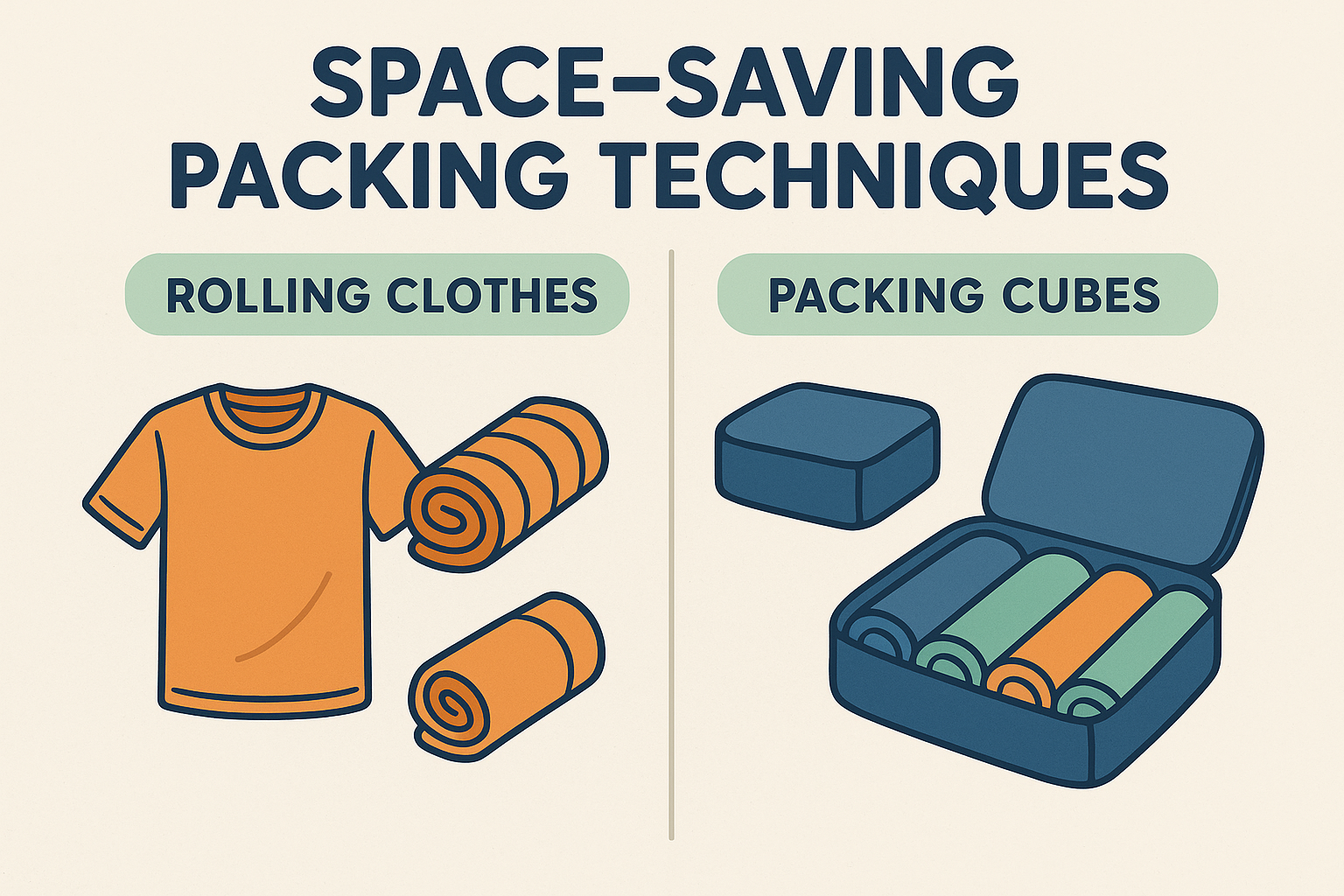 Packed suitcase with compartments and efficient packing