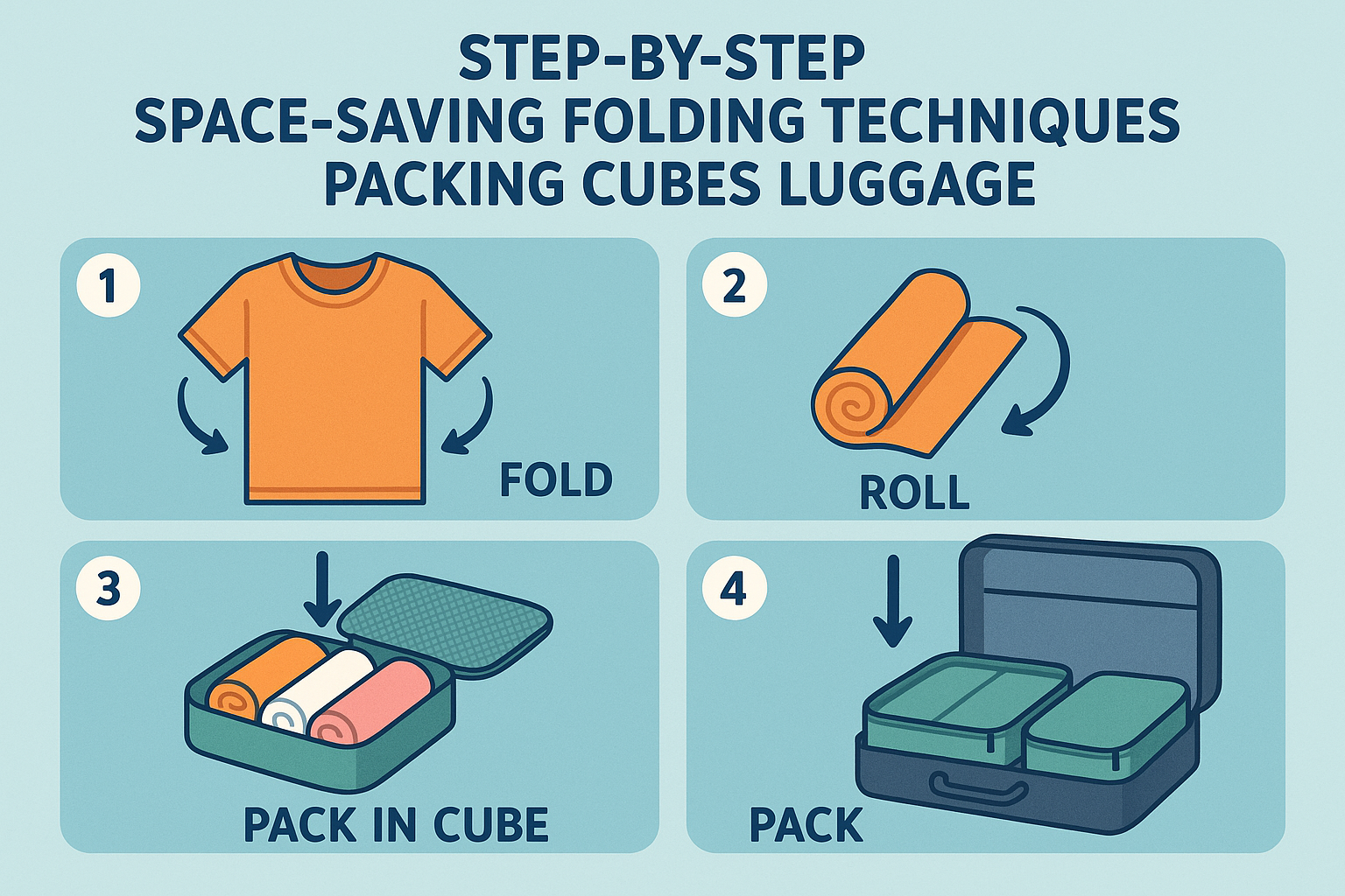 Packing cubes neatly organized in suitcase showing folding and rolling techniques