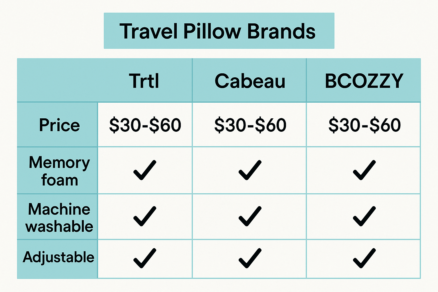 Comparison table infographic of travel pillow brands and prices