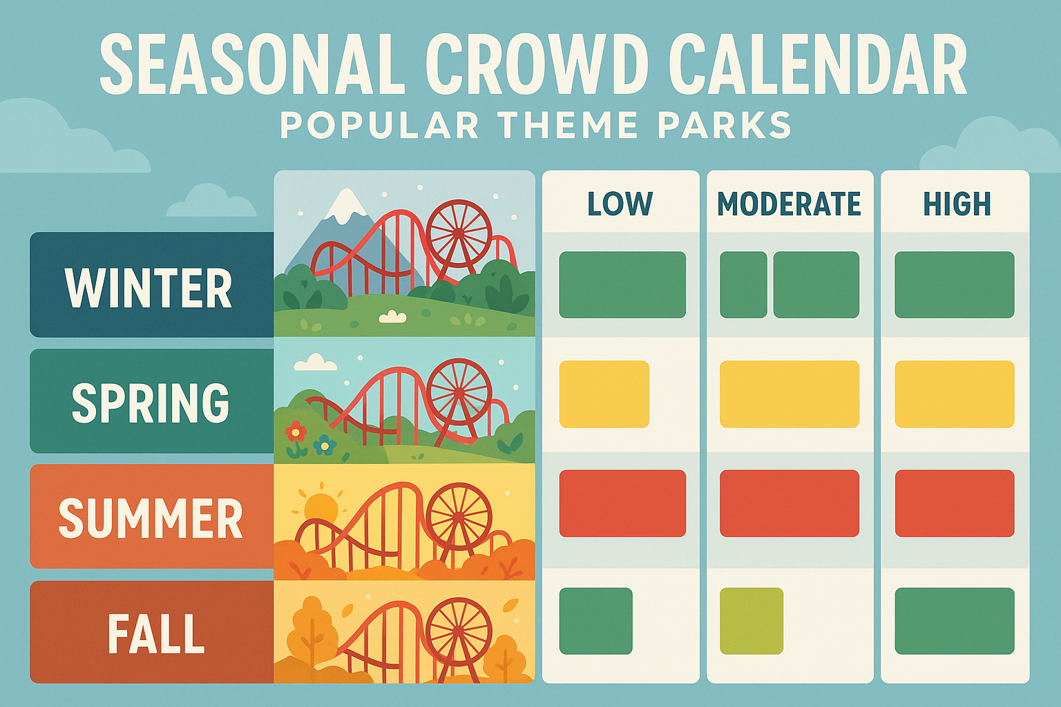 Theme park crowd management calendar with seasonal patterns