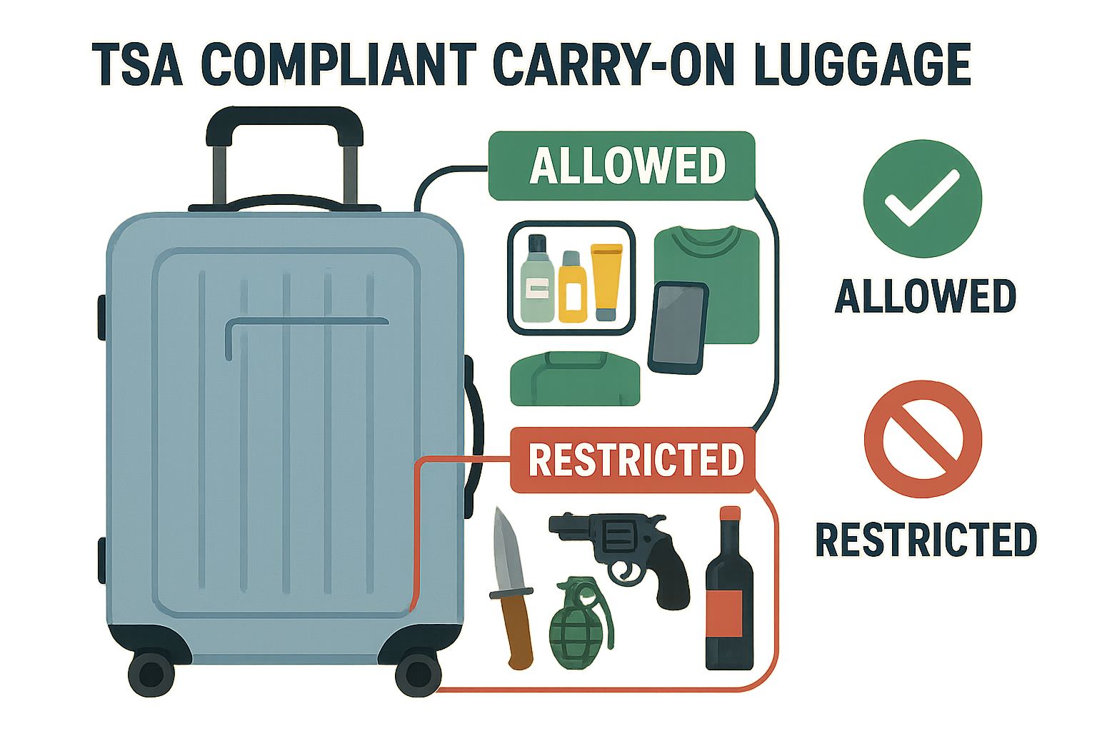 Illustration of TSA compliant carry-on with labeled compartments