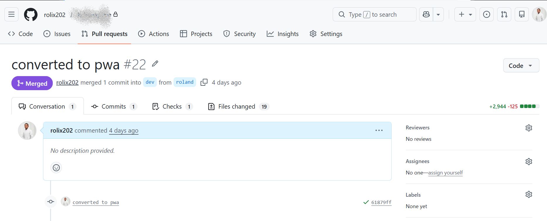 GitHub pull request showing the PWA conversion merged into the development branch.