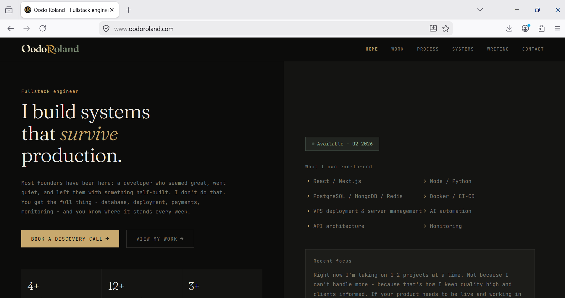Oodo Roland portfolio homepage showing the message “Full-Stack. Down to the server.” with production-focused engineering positioning.