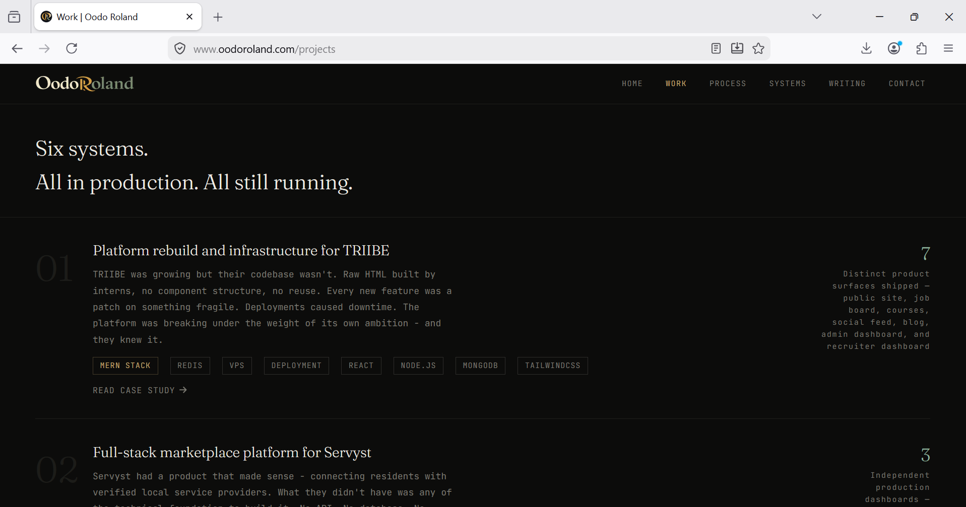 Screenshot of a production project from oodoroland.com showing full-stack engineering work across application code and infrastructure.